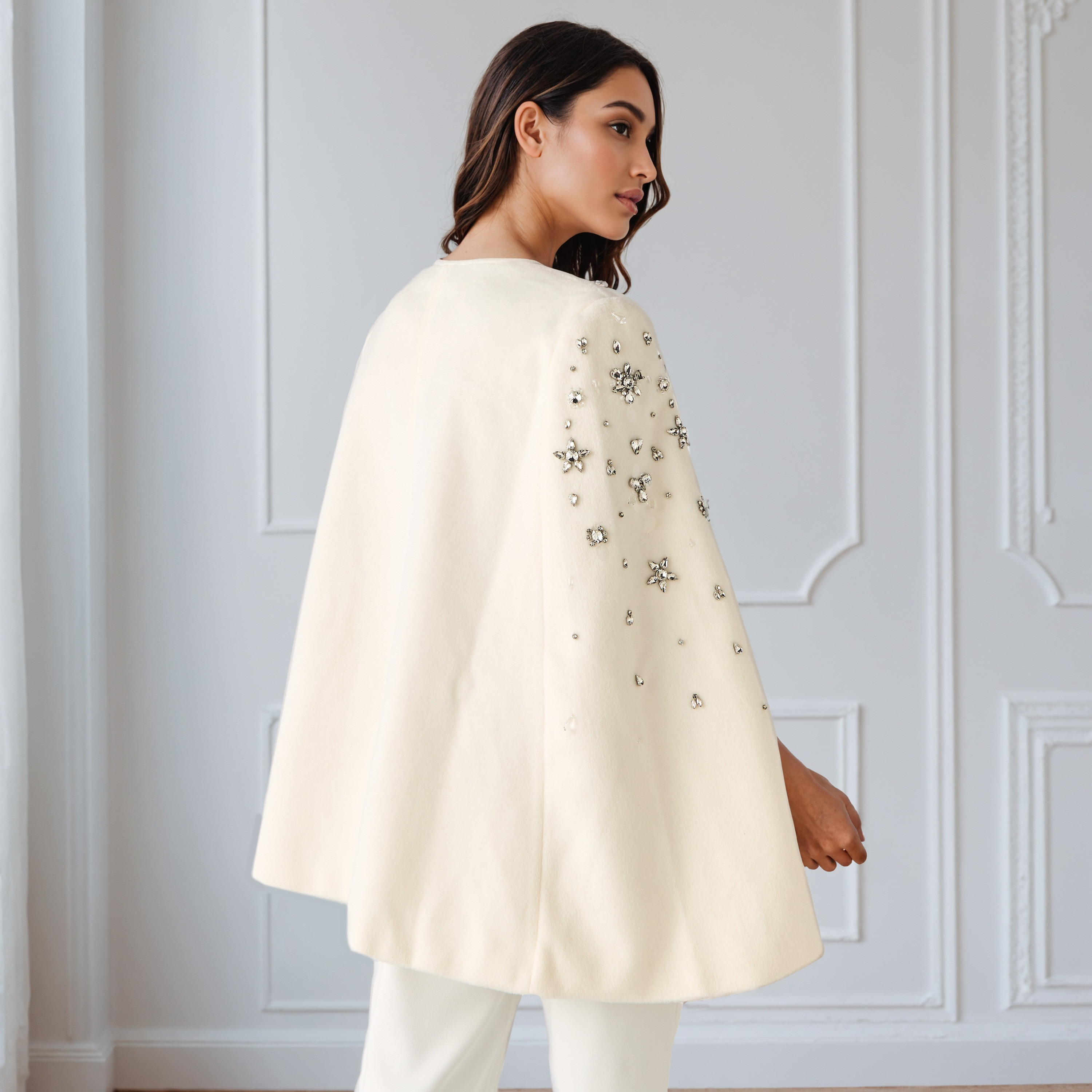 Crystal Embellished Linen Blend Cape Jacket with Slit Sleeves-women-clothing-shirtsandblouses-blouses-image-4