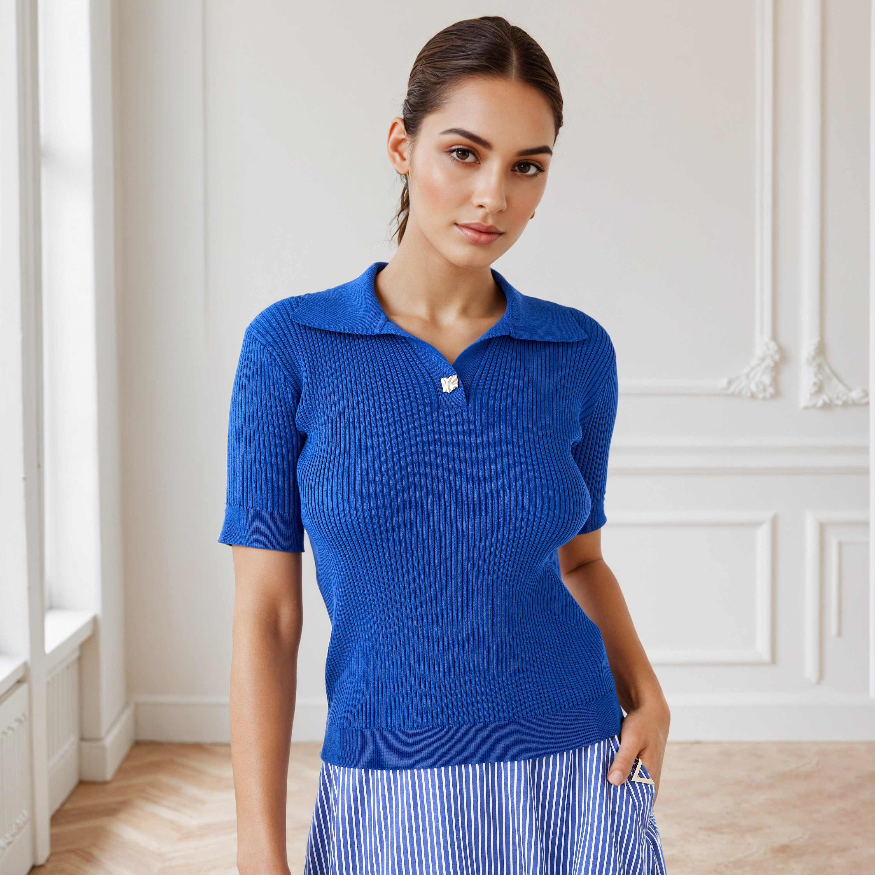 تيشيرت بولو مضلع بياقة عادية-women-clothing-tshirts-image-1