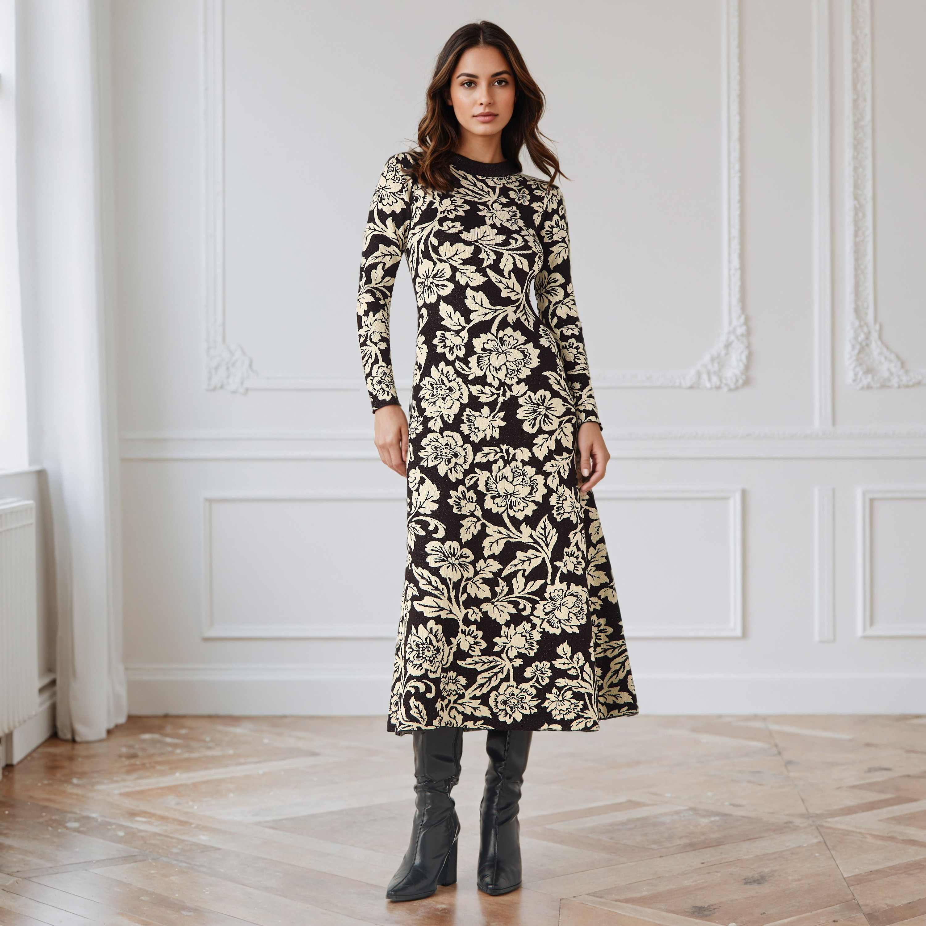 فستان ميدي جاكار بتصميم زهري-women-clothing-dresses-image-1