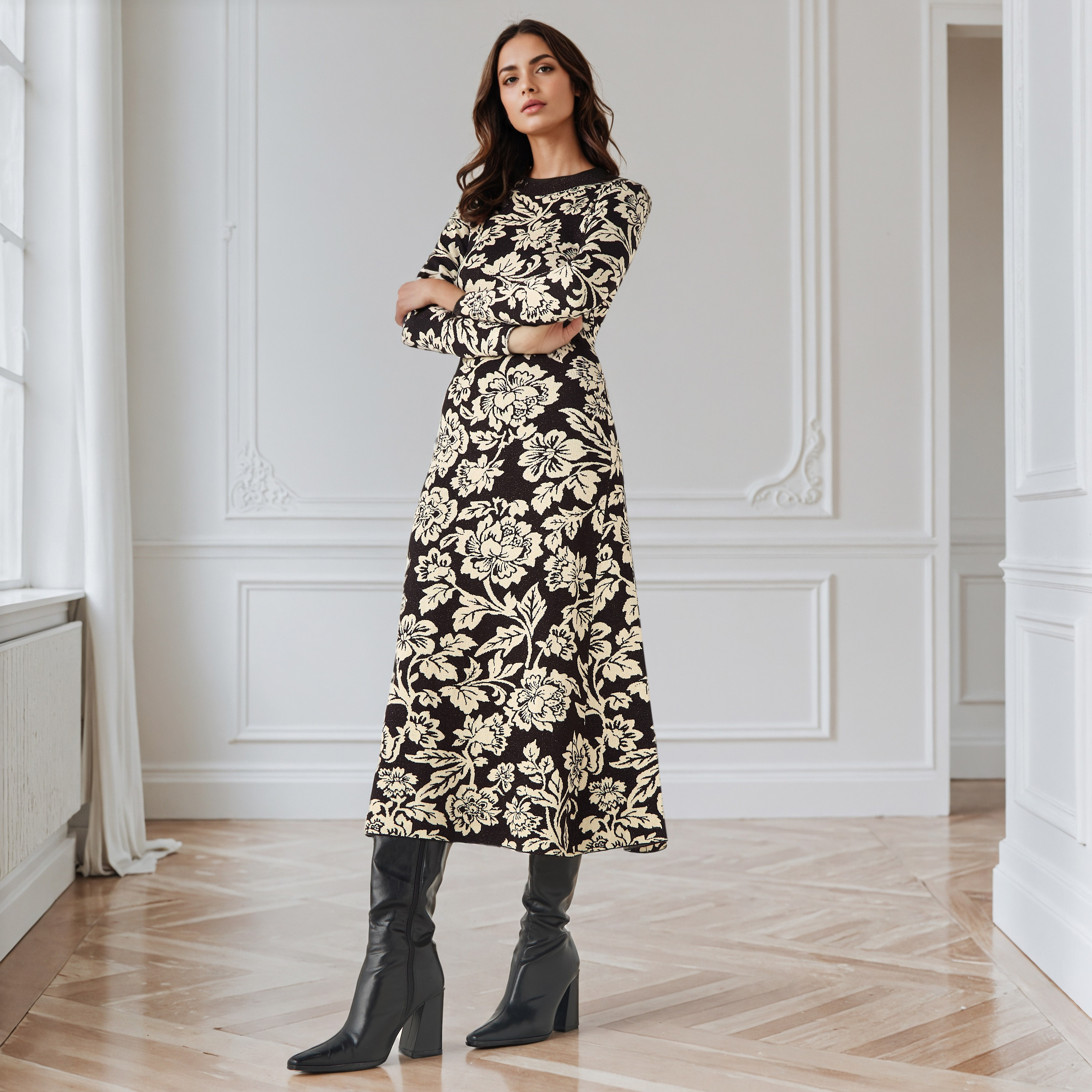 Floral Jacquard Textured Midi Dress-women-clothing-dresses-image-2
