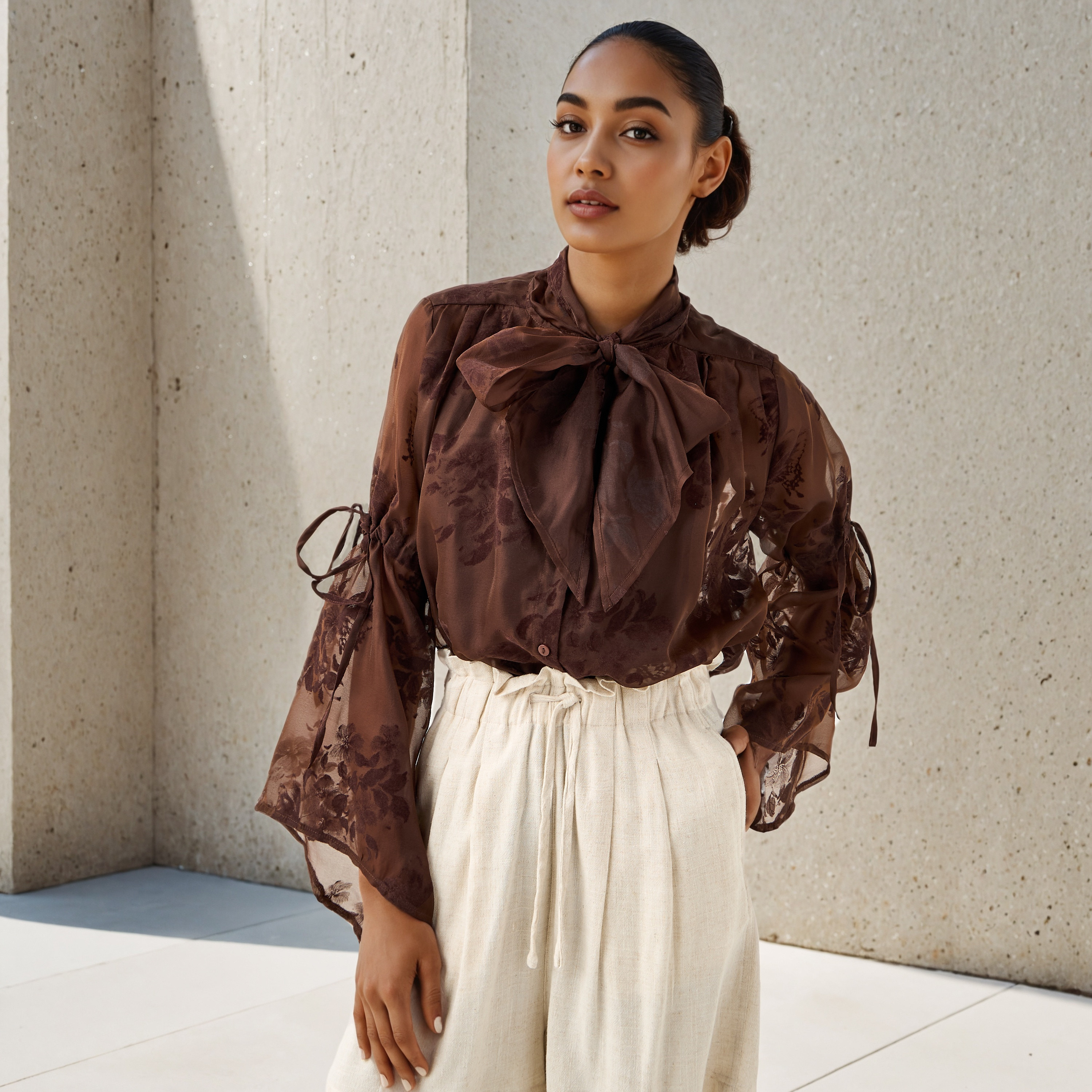 Pussybow Collar Top with Tie-Up Detail-women-clothing-shirtsandblouses-blouses-image-3