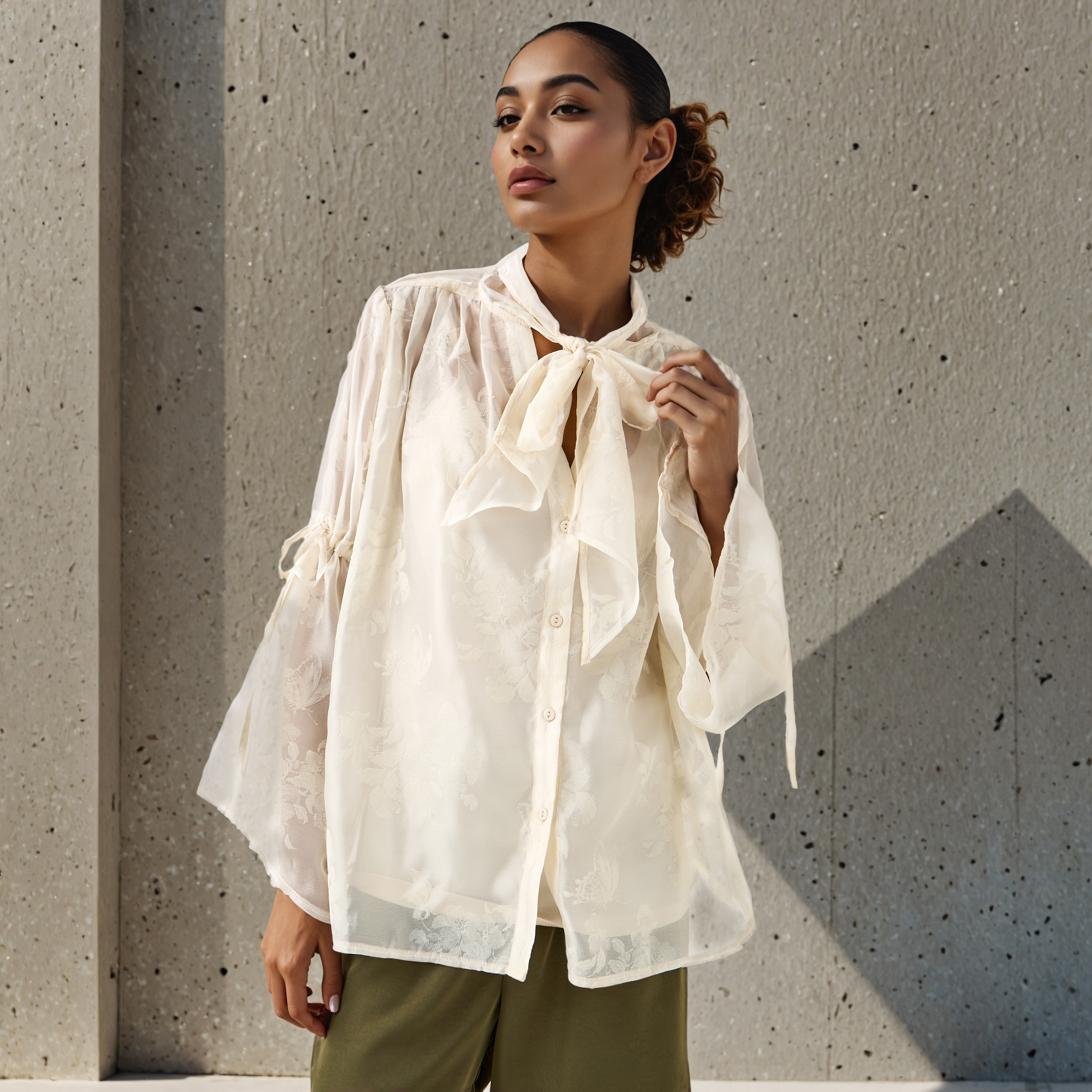 Pussybow Collar Top with Tie-Up Detail-women-clothing-shirtsandblouses-blouses-image-1