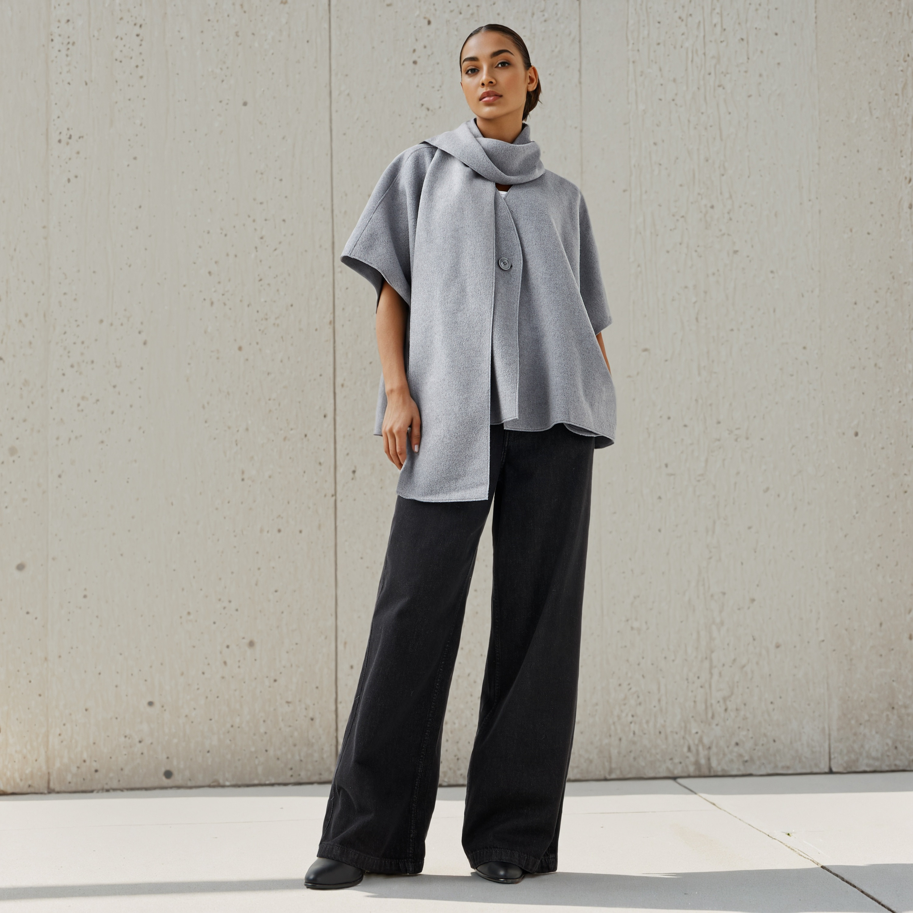 Textured Asymmetric Poncho with Scarf Detail-women-winterwear-cardigansandjumpers-cardigans-image-2