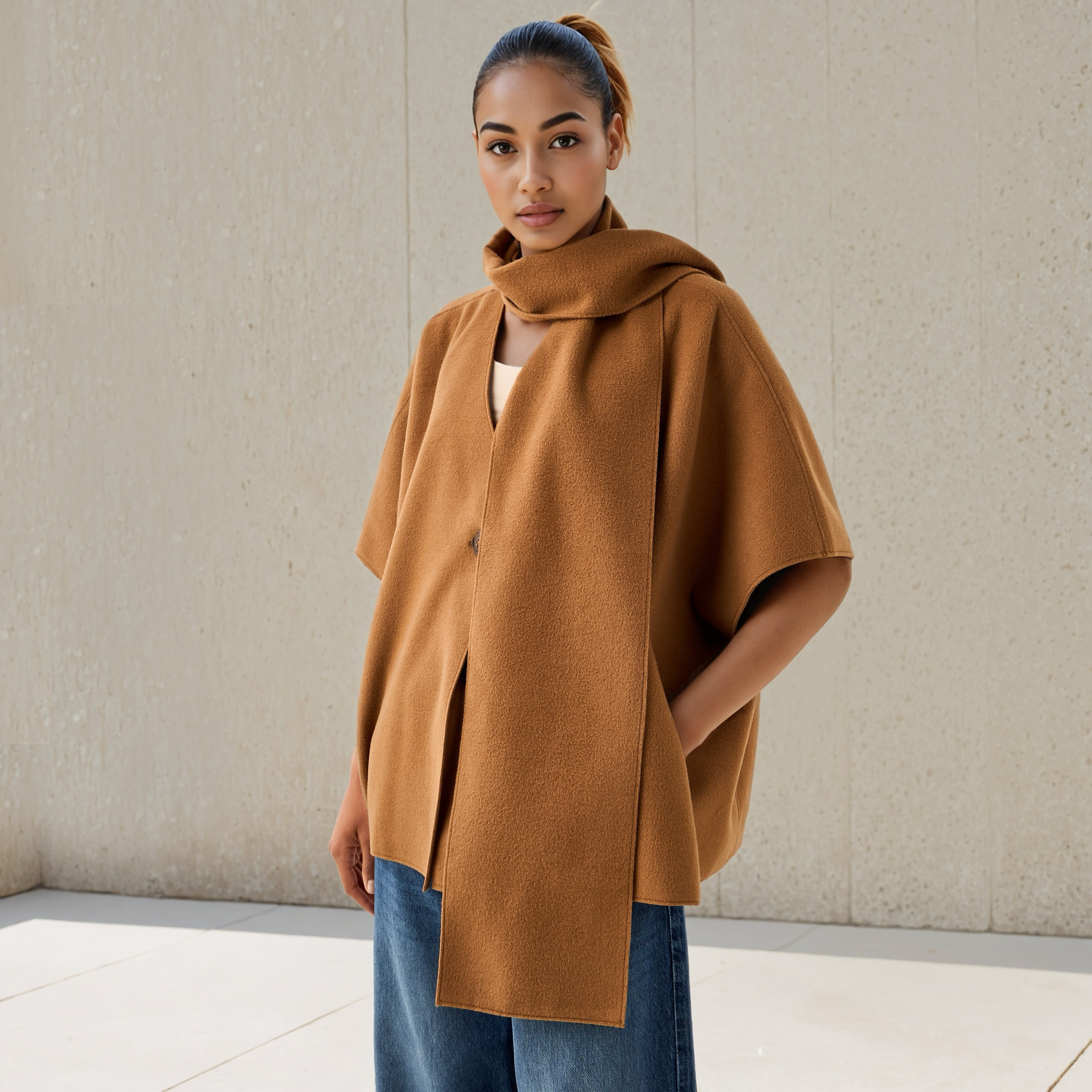 بونشو غير متماثل بارز الملمس بتفاصيل وشاح-women-winterwear-cardigansandjumpers-cardigans-image-1