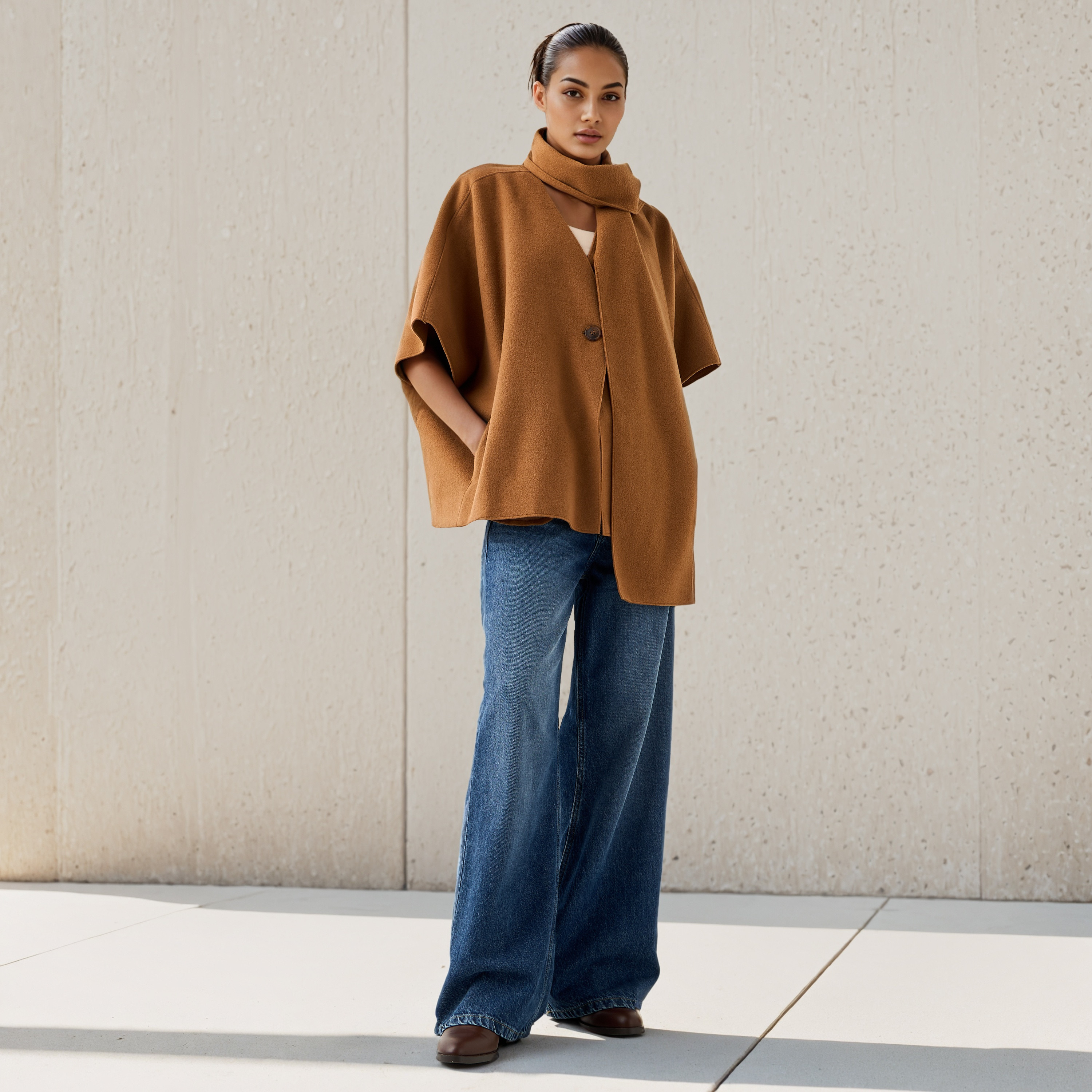 بونشو غير متماثل بارز الملمس بتفاصيل وشاح-women-winterwear-cardigansandjumpers-cardigans-image-2