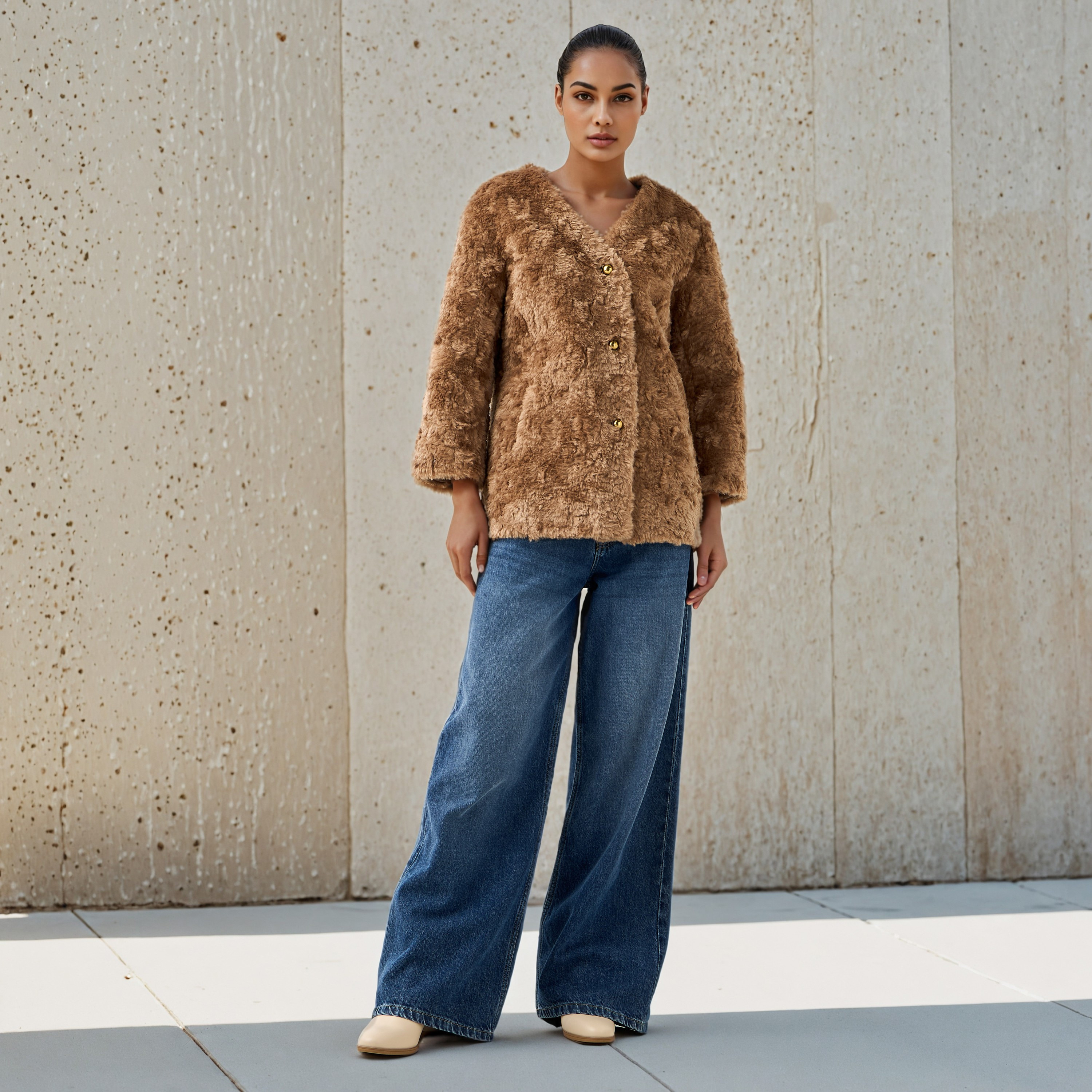 Faux Sherling Fur Coat with V-neck and Button Closure-women-clothing-coatsandjackets-coats-image-2