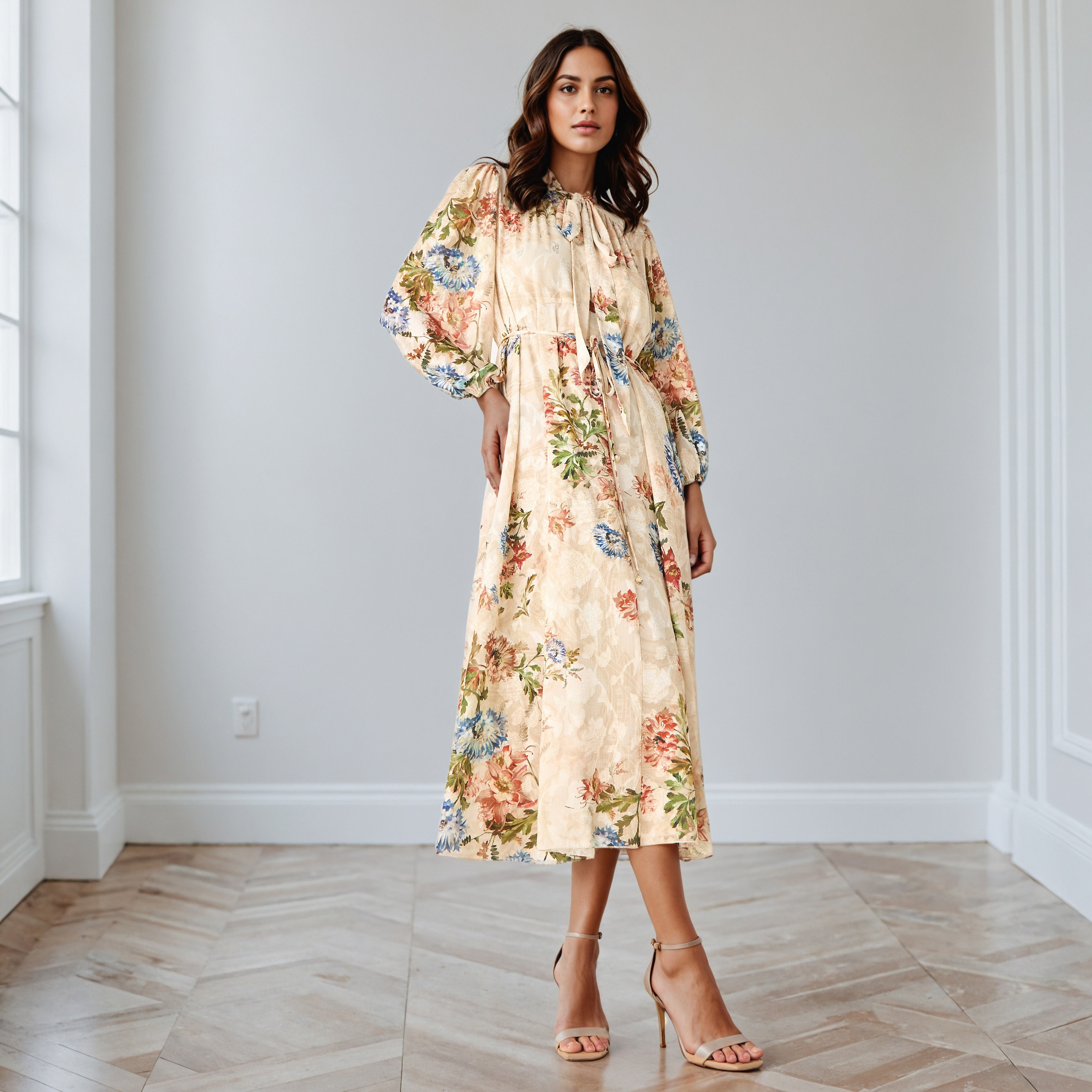 Floral Print Midi Dress with Neck Tie-Up-women-clothing-dresses-image-2