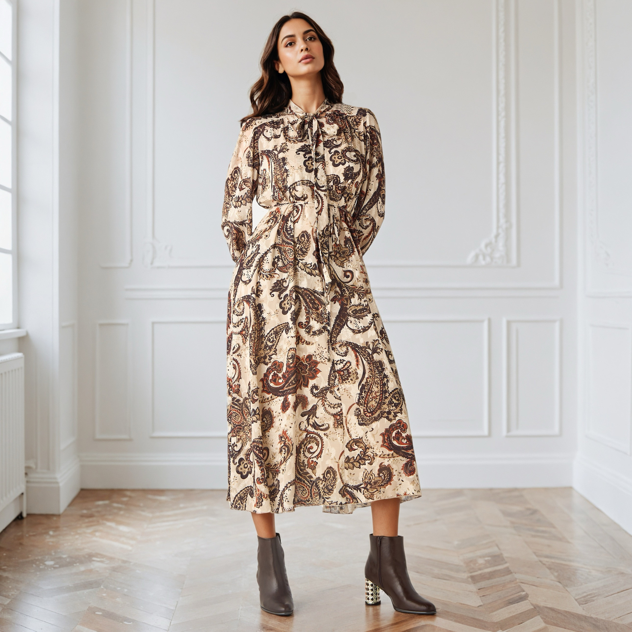 Printed Midi Dress with Neck Tie-Up-women-clothing-dresses-image-1