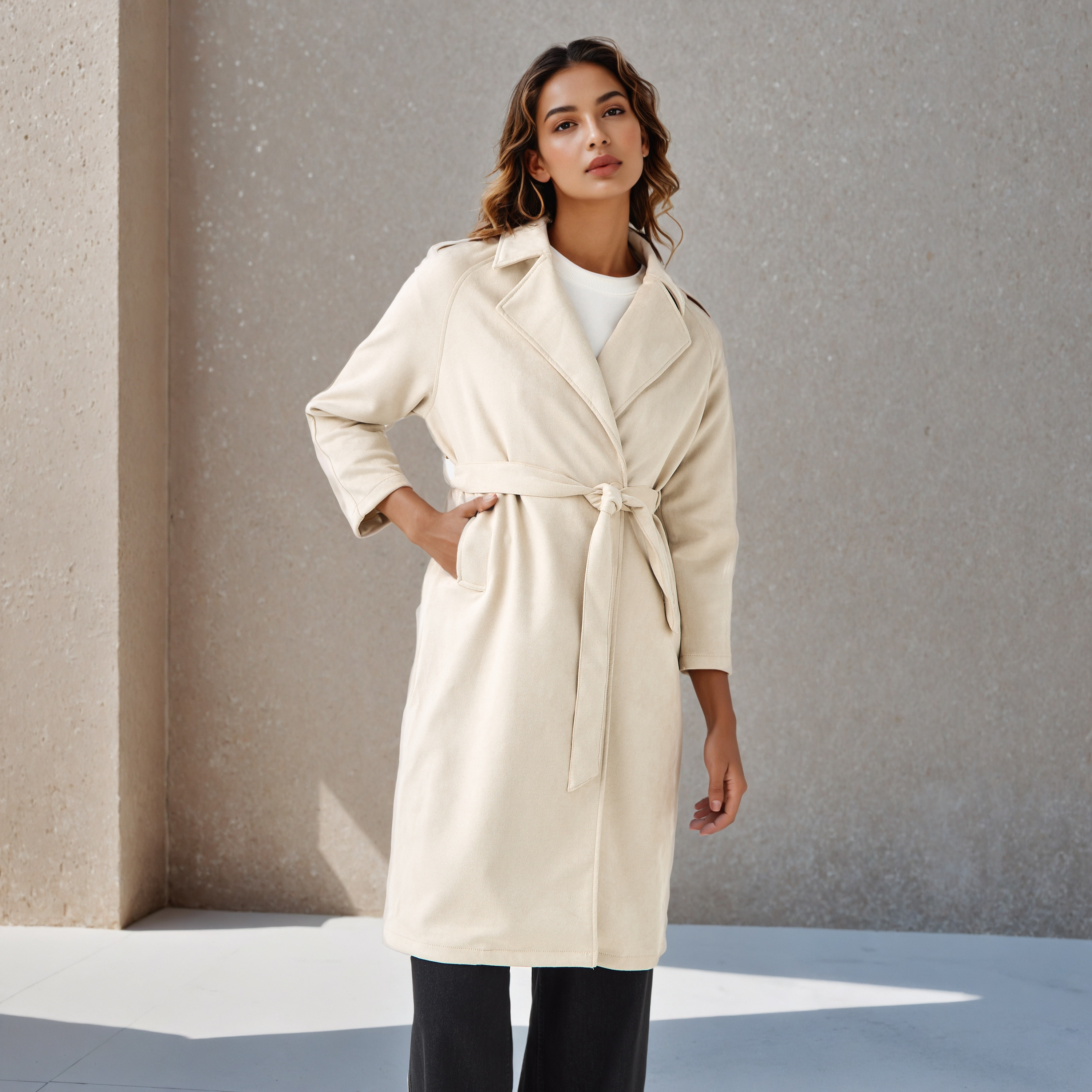 جاكيت ترانش طويل جلد سويدي بحزام ربط-women-clothing-coatsandjackets-coats-image-1