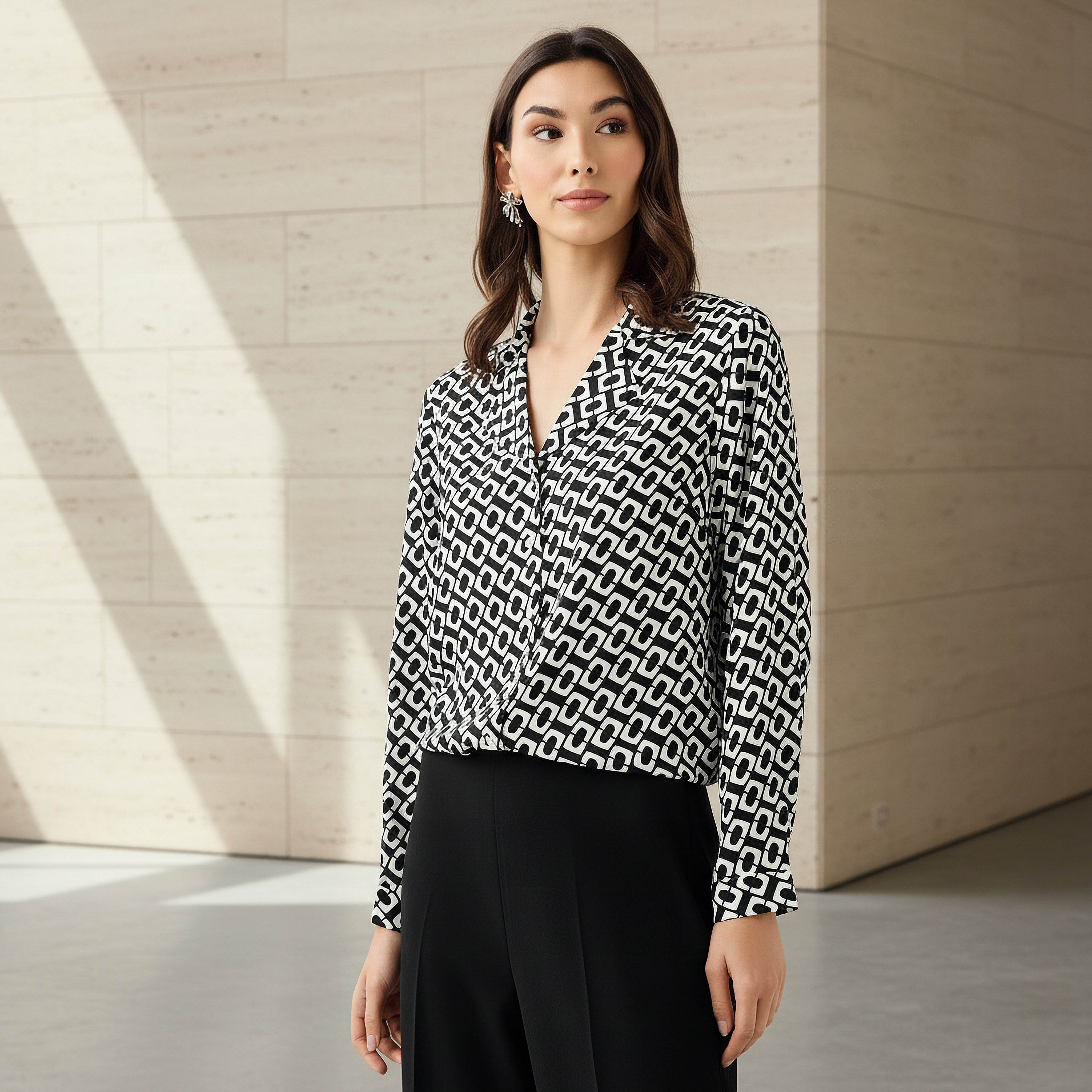 Geometric Print Shirt with Notch Lapel Collar-women-clothing-shirtsandblouses-shirts-image-1