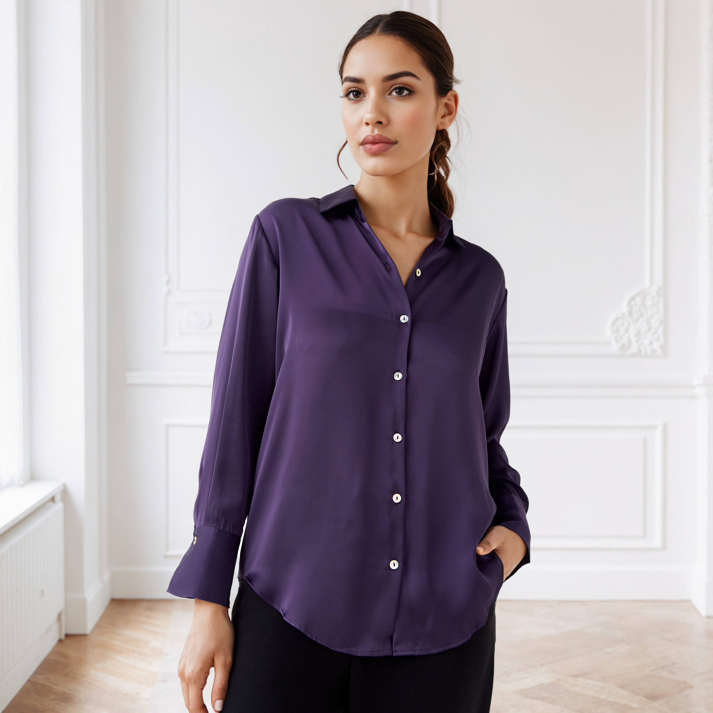 Regular Fit Collared Satin Shirt-women-clothing-shirtsandblouses-shirts-image-1