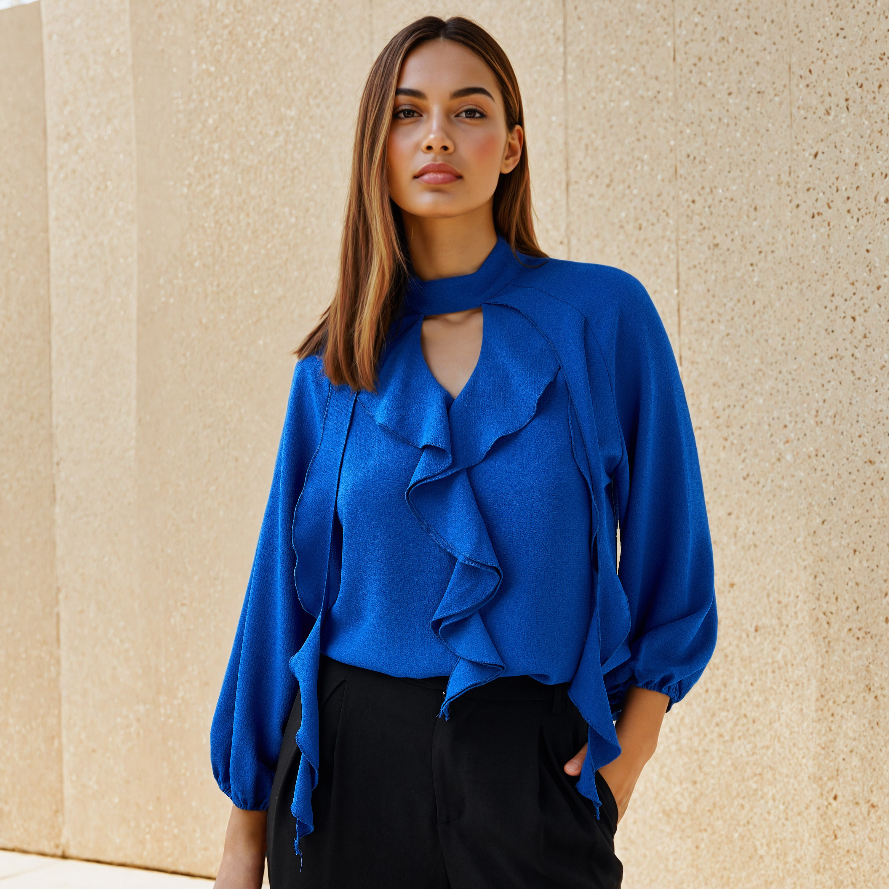 Ruffle Accent Top with Keyhole Neck-women-clothing-shirtsandblouses-blouses-image-1