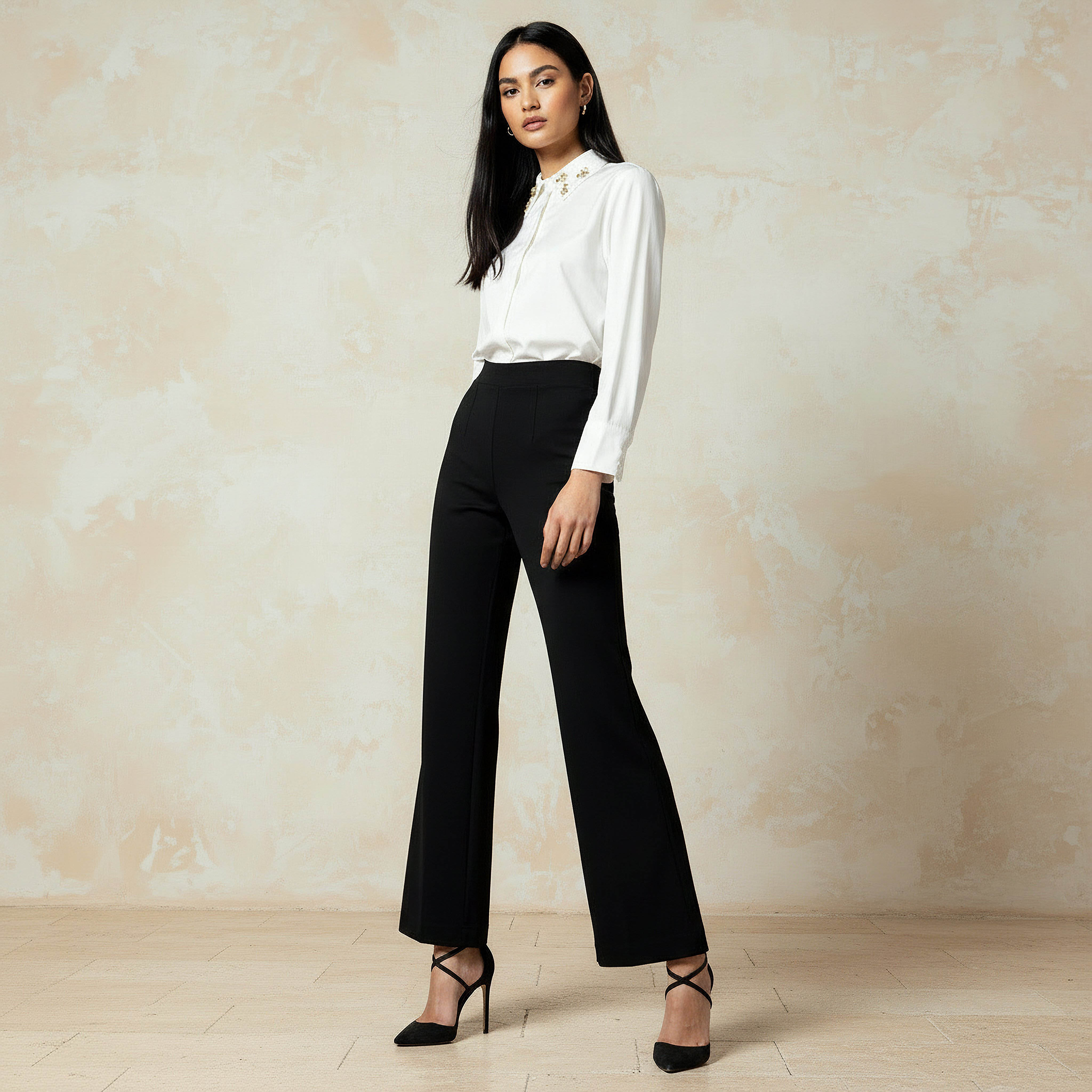 Mid Rise Full Length Boot Leg Ponte Pants with Elasticated Waistband-women-clothing-bottoms-trousers-image-3