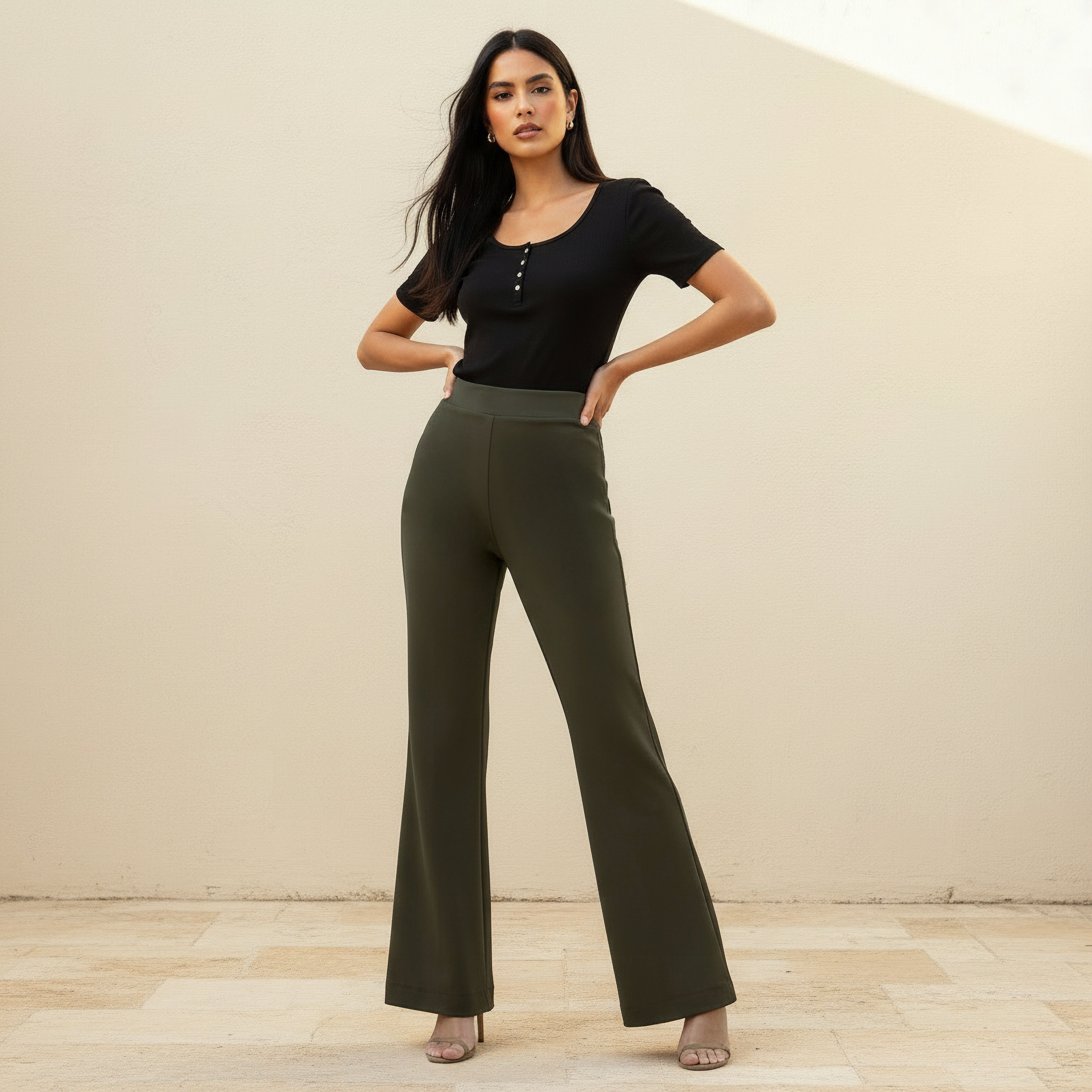 Mid Rise Full Length Boot Leg Ponte Pants with Elasticated Waistband-women-clothing-bottoms-trousers-image-3