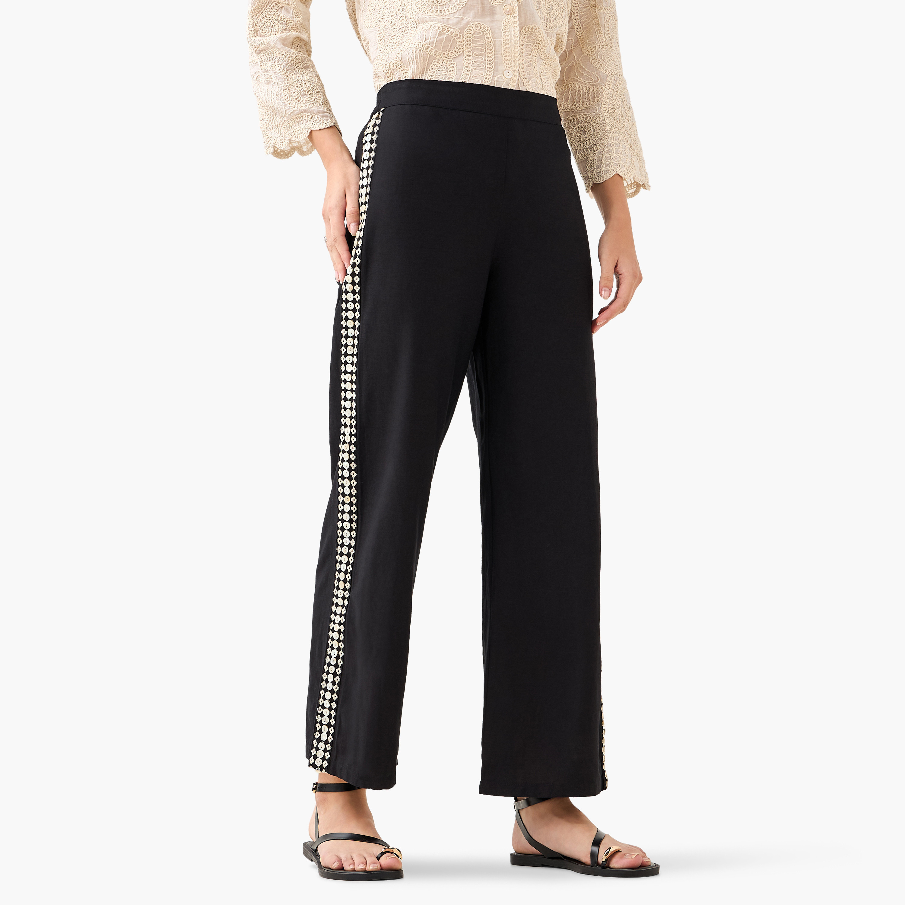 Straight Fit Embroidered Linen Blend Trousers-women-clothing-bottoms-trousers-image-3