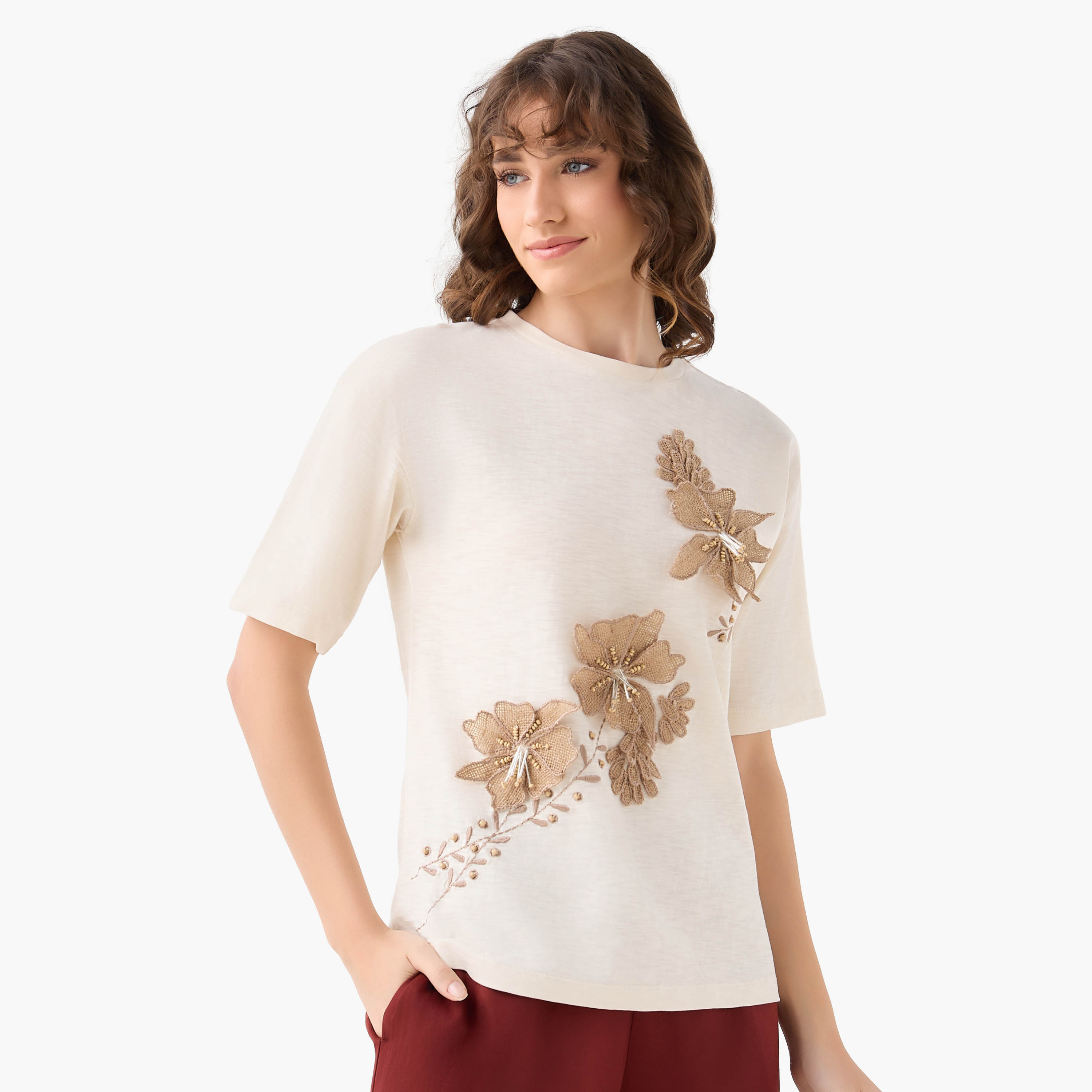 Regular Fit T-shirt with Jute Embellishments-women-clothing-tshirts-image-3