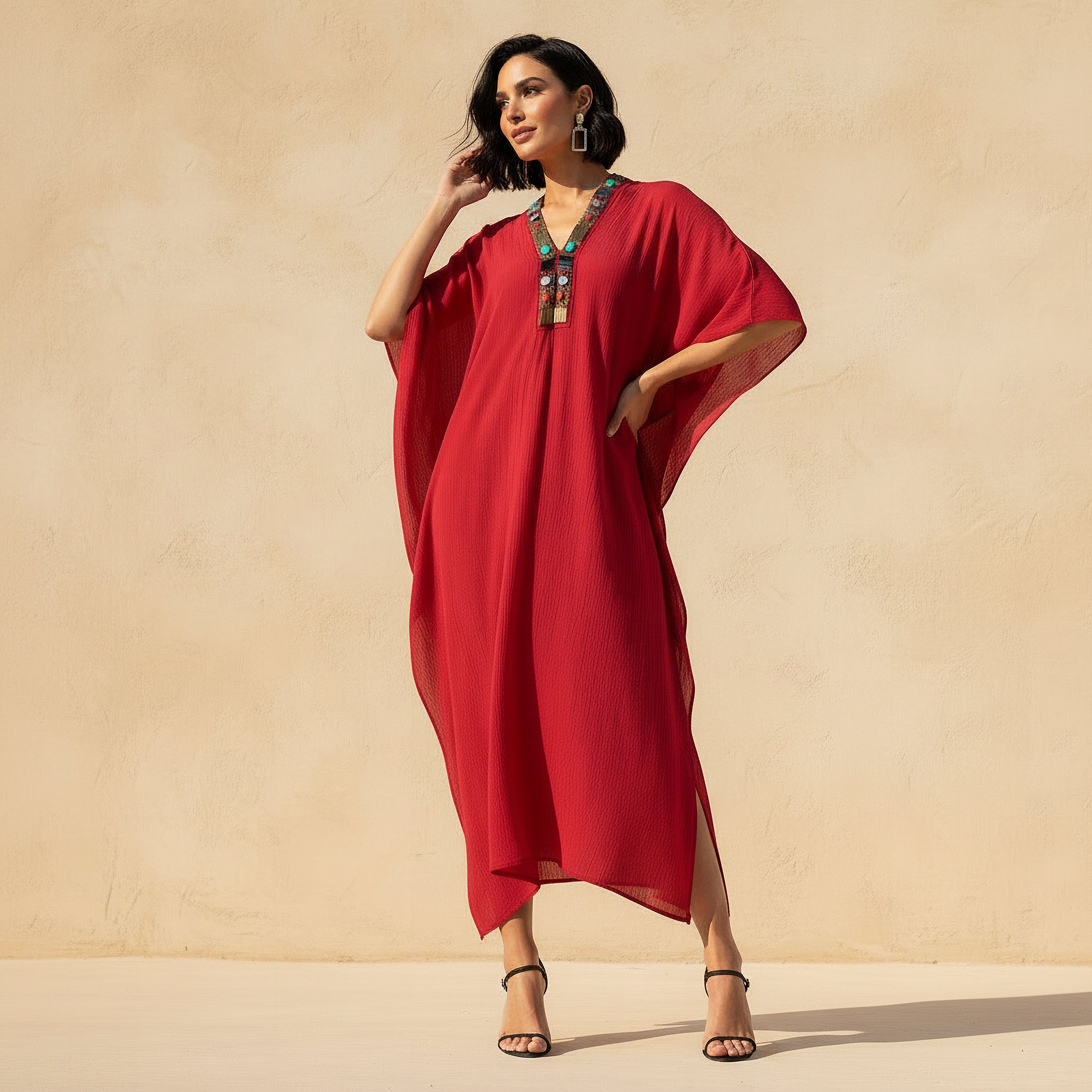 Bead Embellished Midi Kaftan Dress with V-neck-women-clothing-dresses-image-1