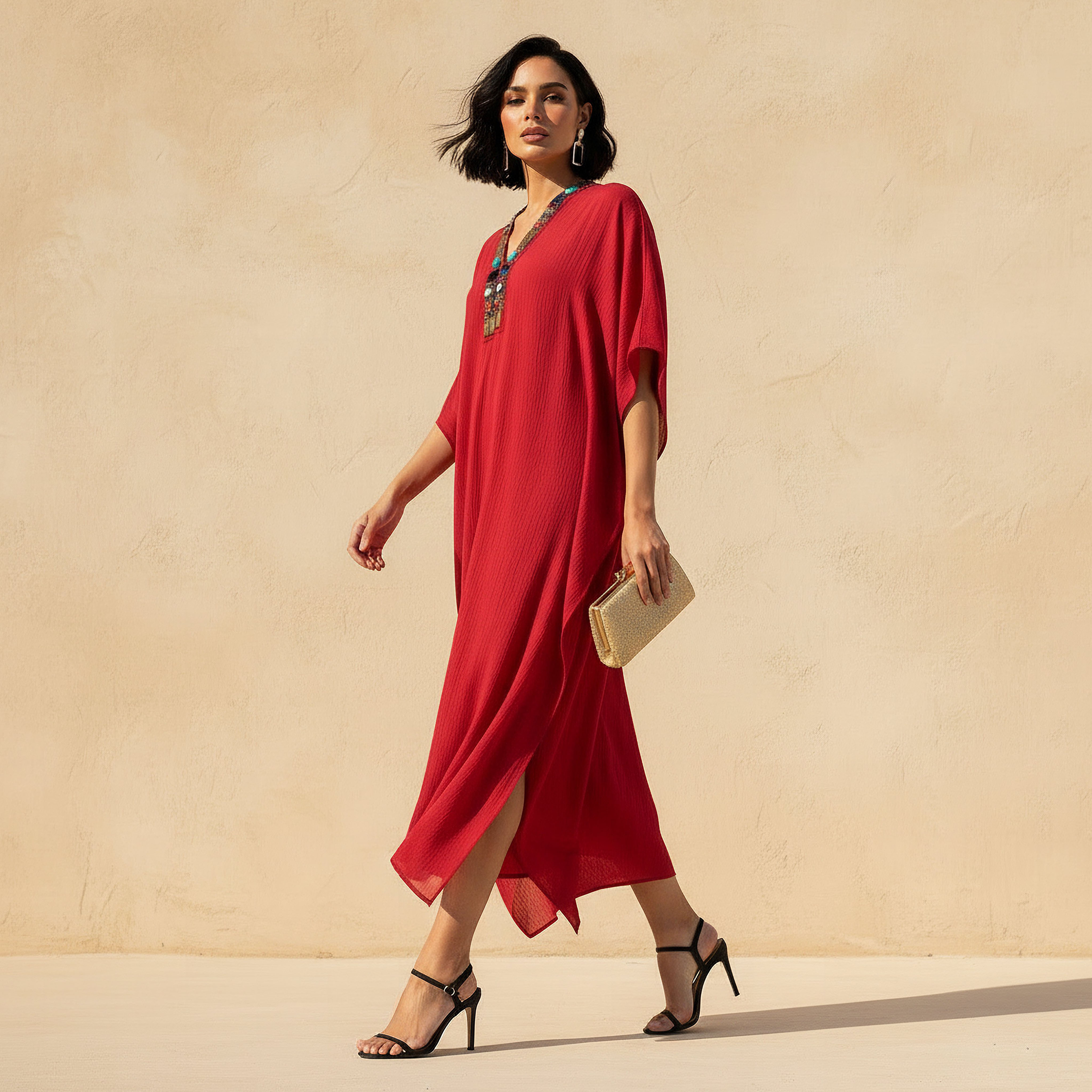 Bead Embellished Midi Kaftan Dress with V-neck-women-clothing-dresses-image-3