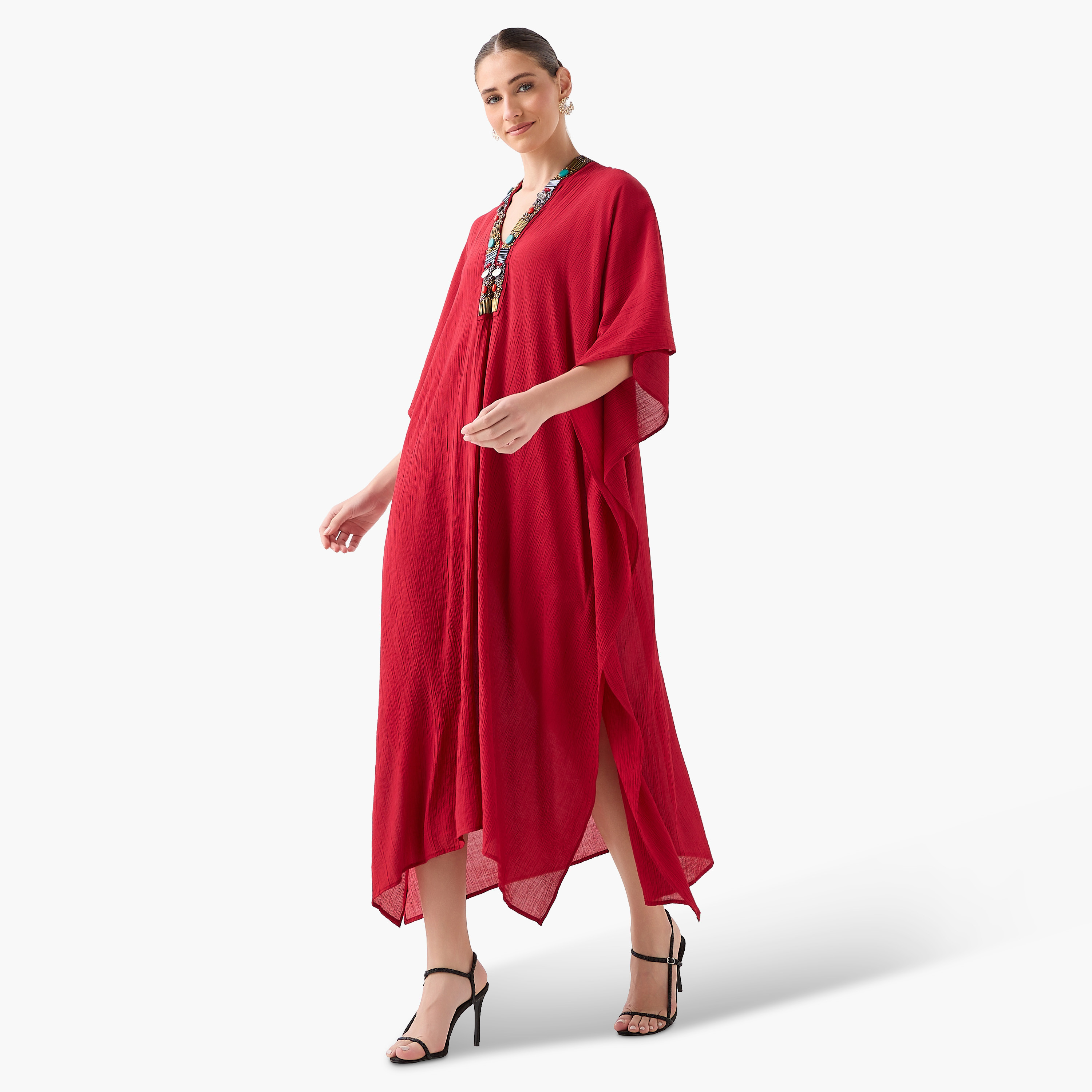 Bead Embellished Midi Kaftan Dress with V-neck-women-clothing-dresses-image-4