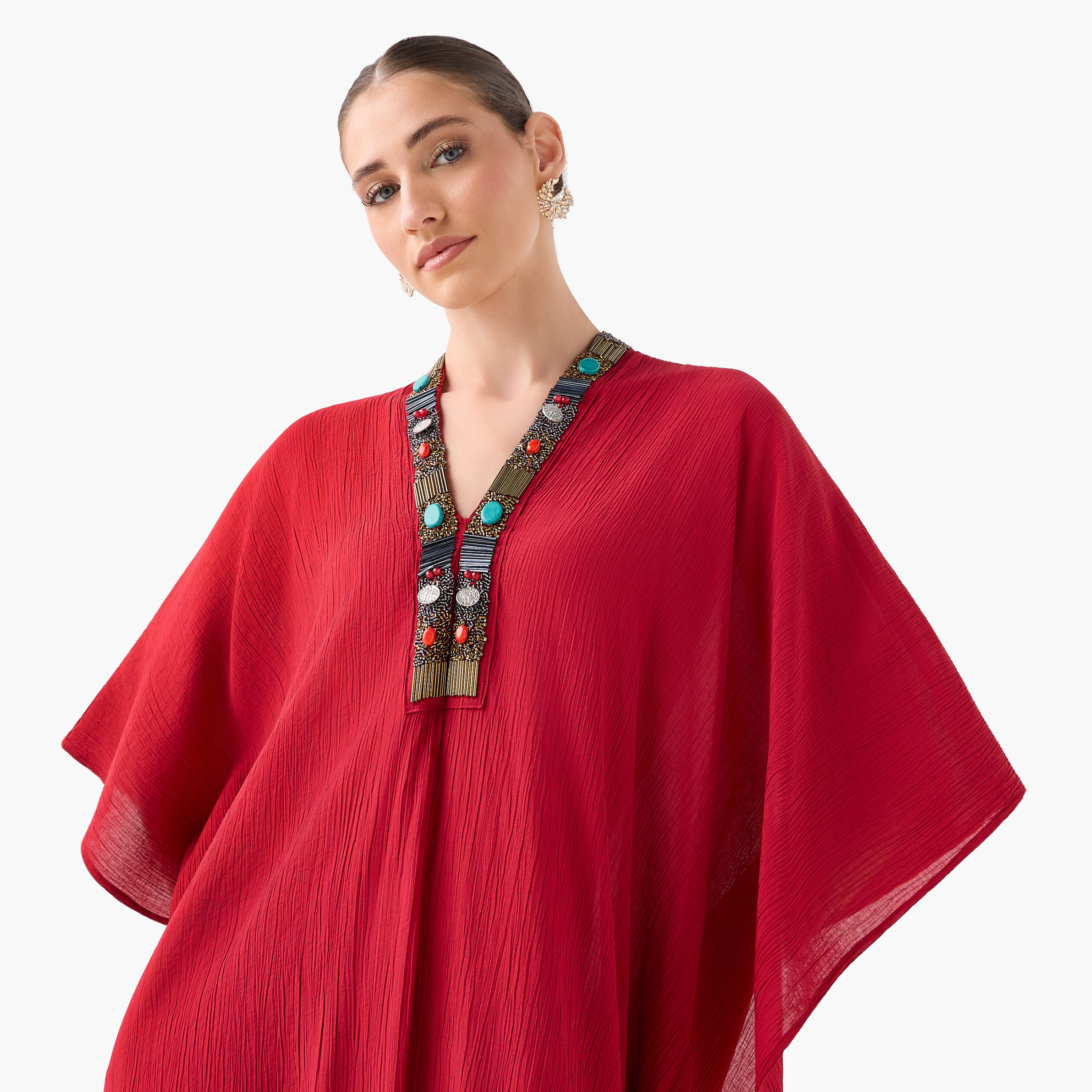 Bead Embellished Midi Kaftan Dress with V-neck-women-clothing-dresses-image-5