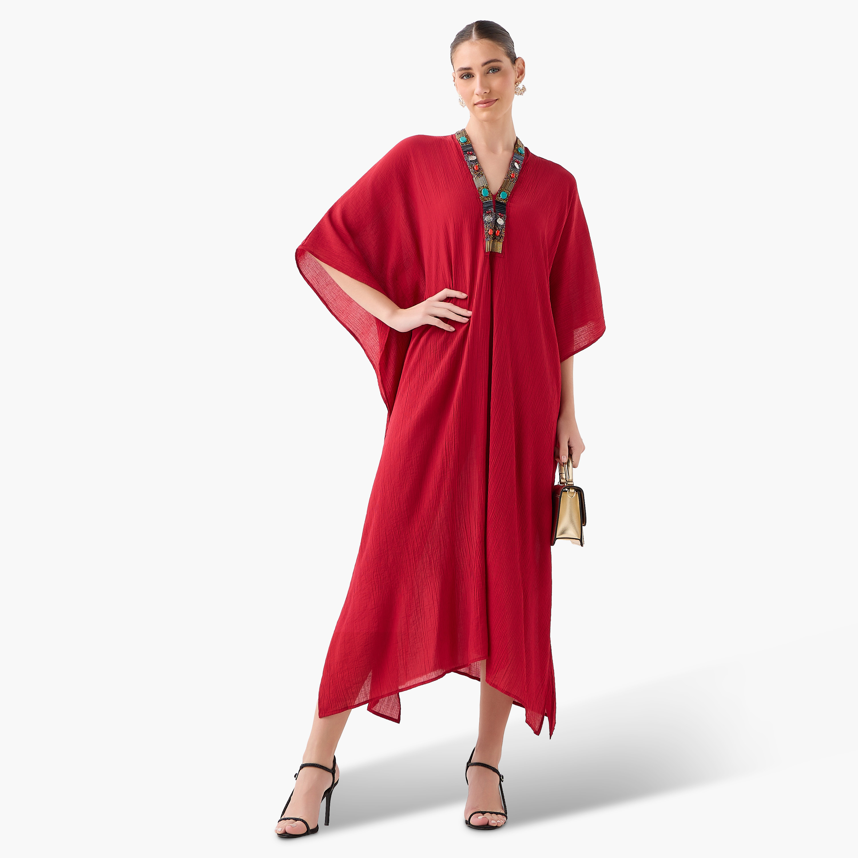 Bead Embellished Midi Kaftan Dress with V-neck-women-clothing-dresses-image-6