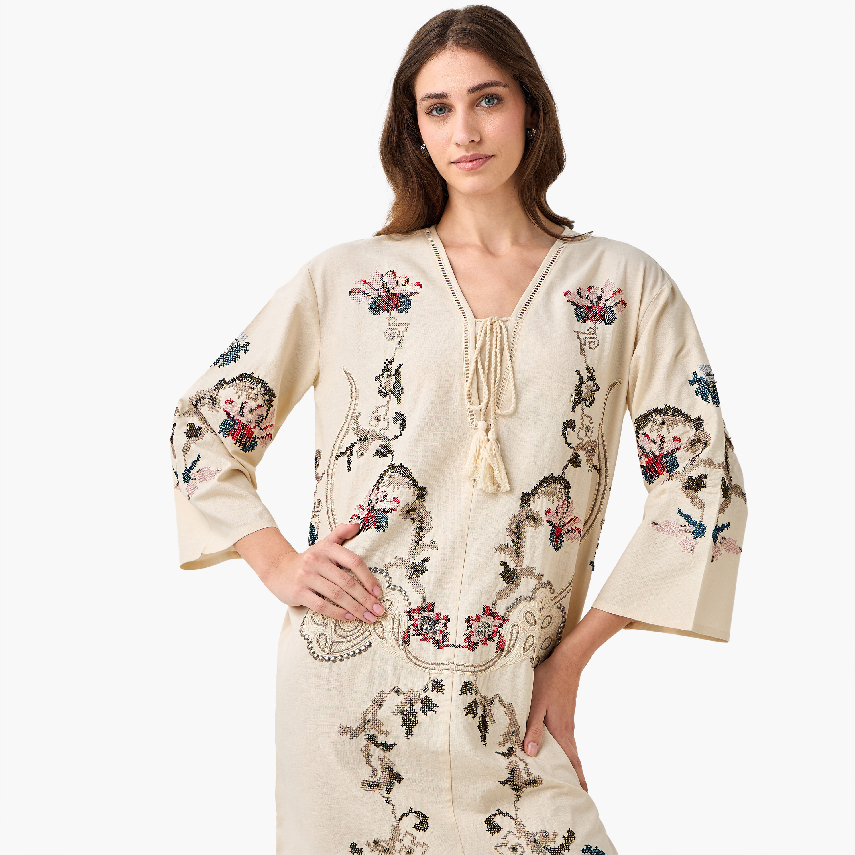 Embroidered Shift Women Dress with Tie-Ups-women-clothing-dresses-image-6