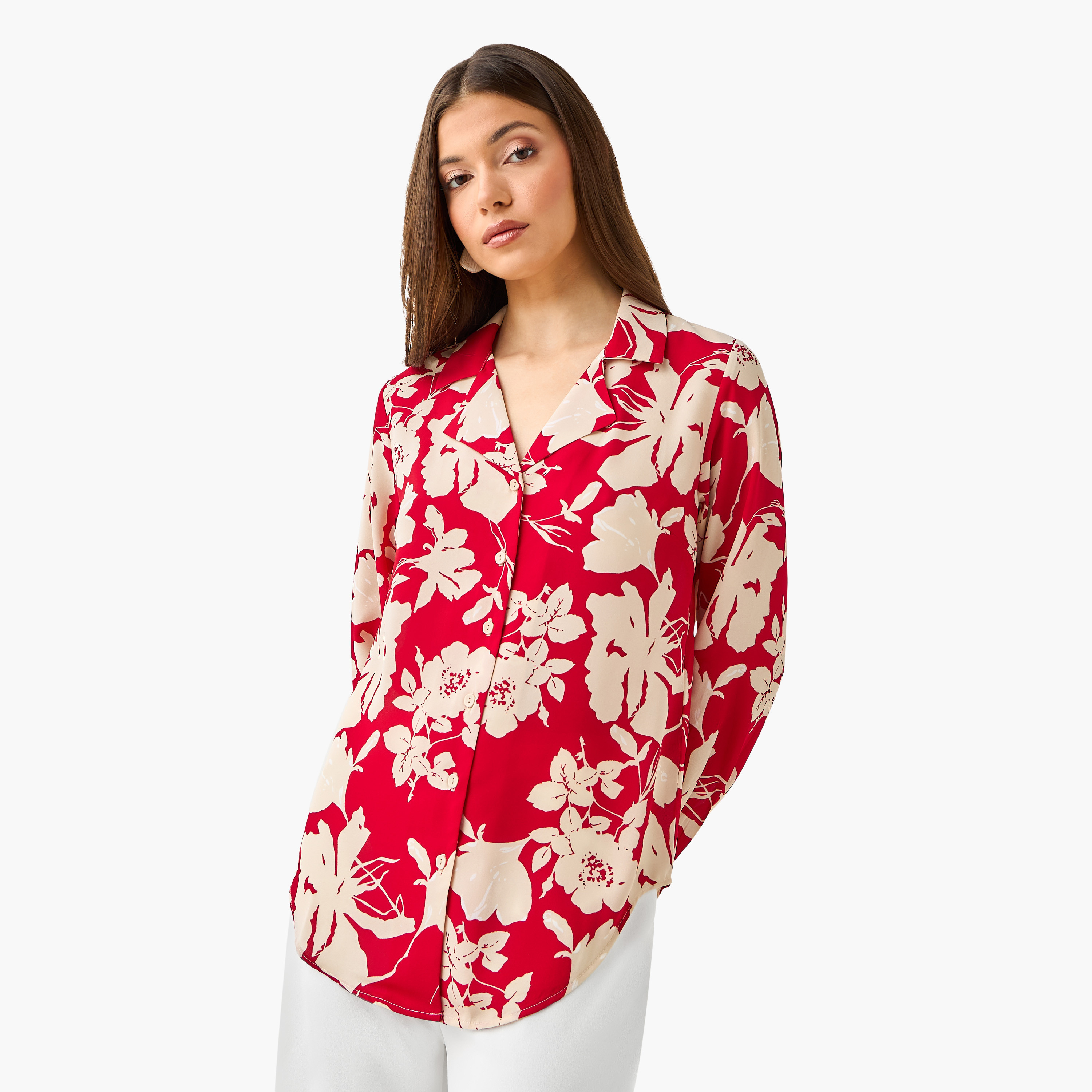 Floral Print Shirt with Notch Collar-women-clothing-shirtsandblouses-shirts-image-3