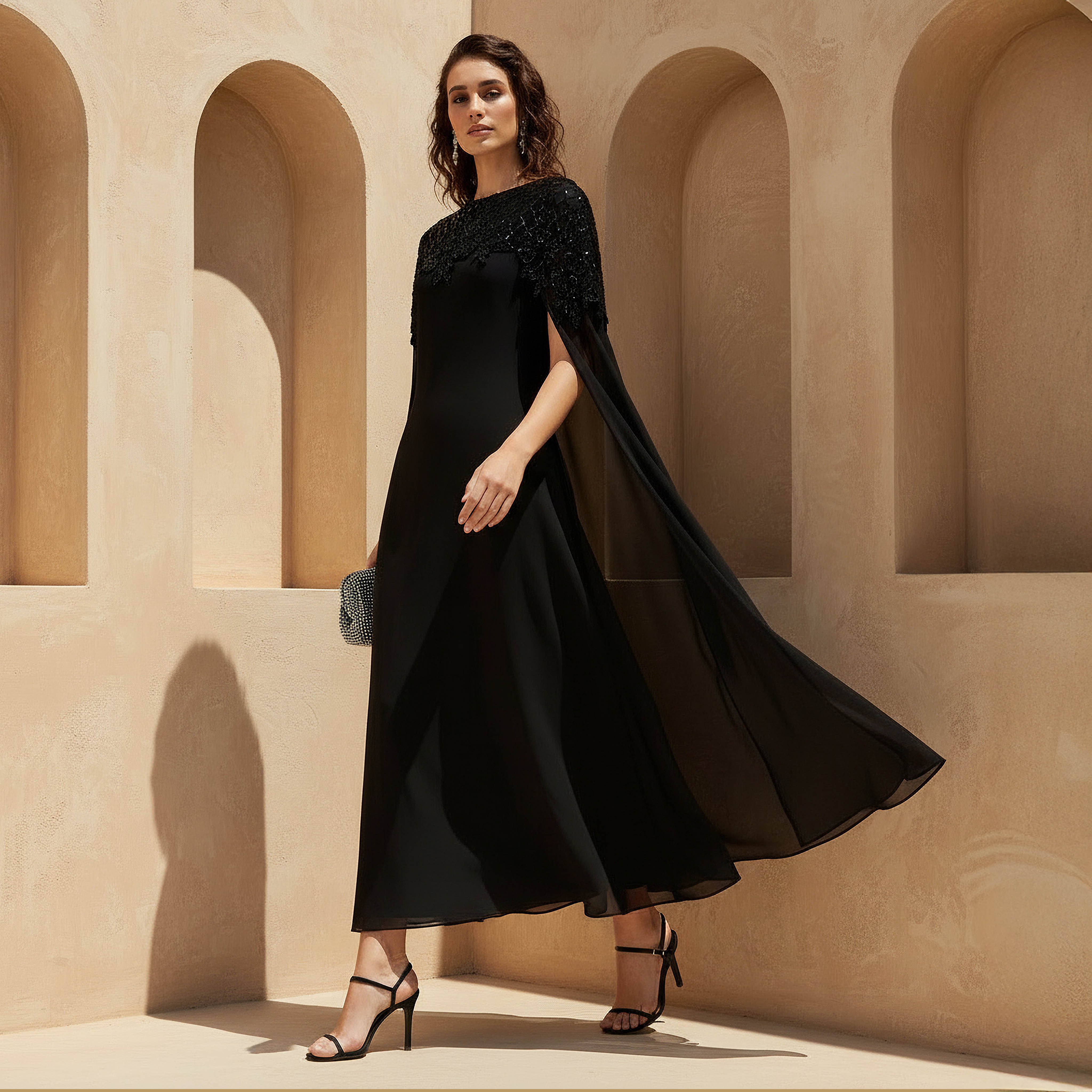 Cape Maxi Party Dress with Floral Sequin Embellishment-women-clothing-dresses-image-1