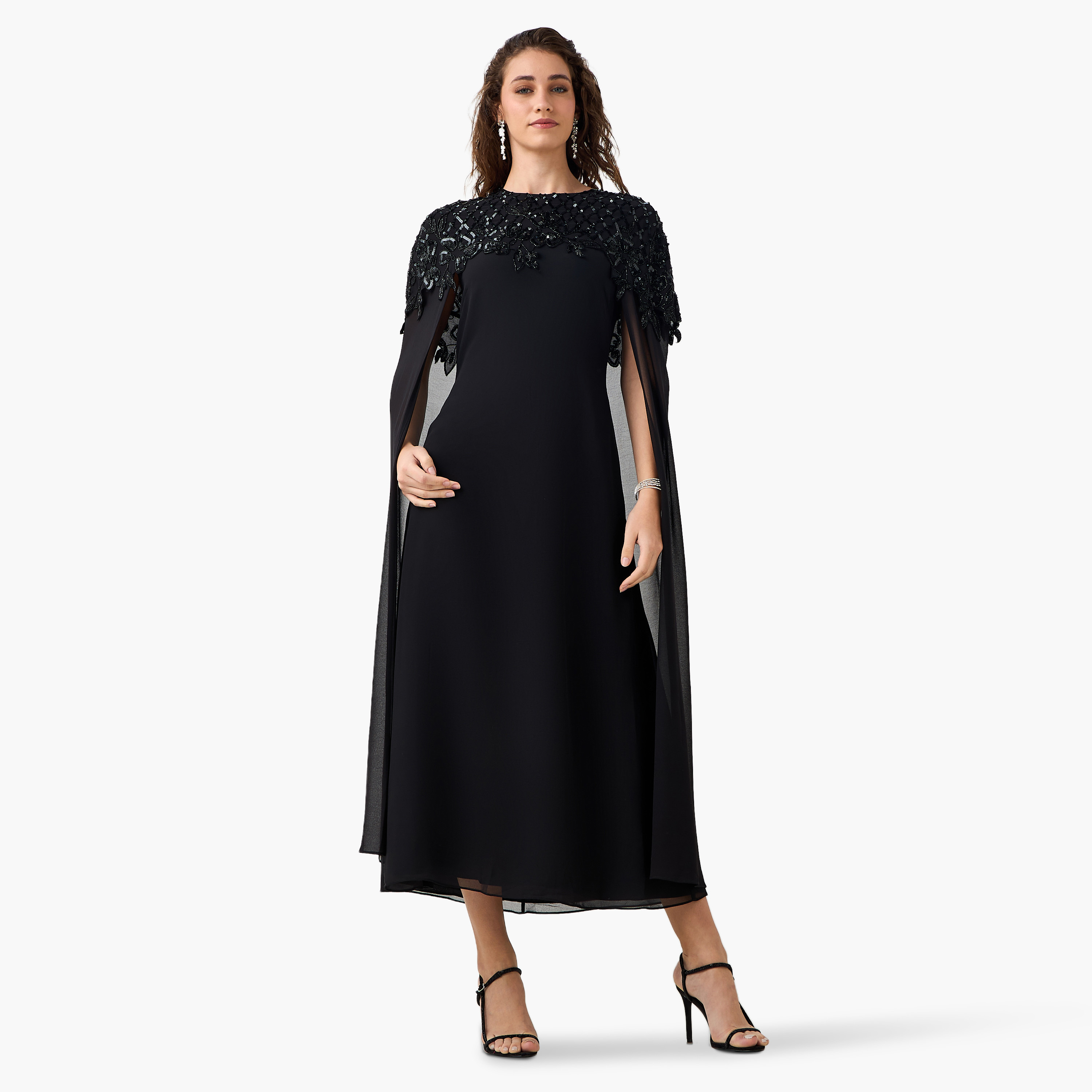 Cape Maxi Party Dress with Floral Sequin Embellishment-women-clothing-dresses-image-3