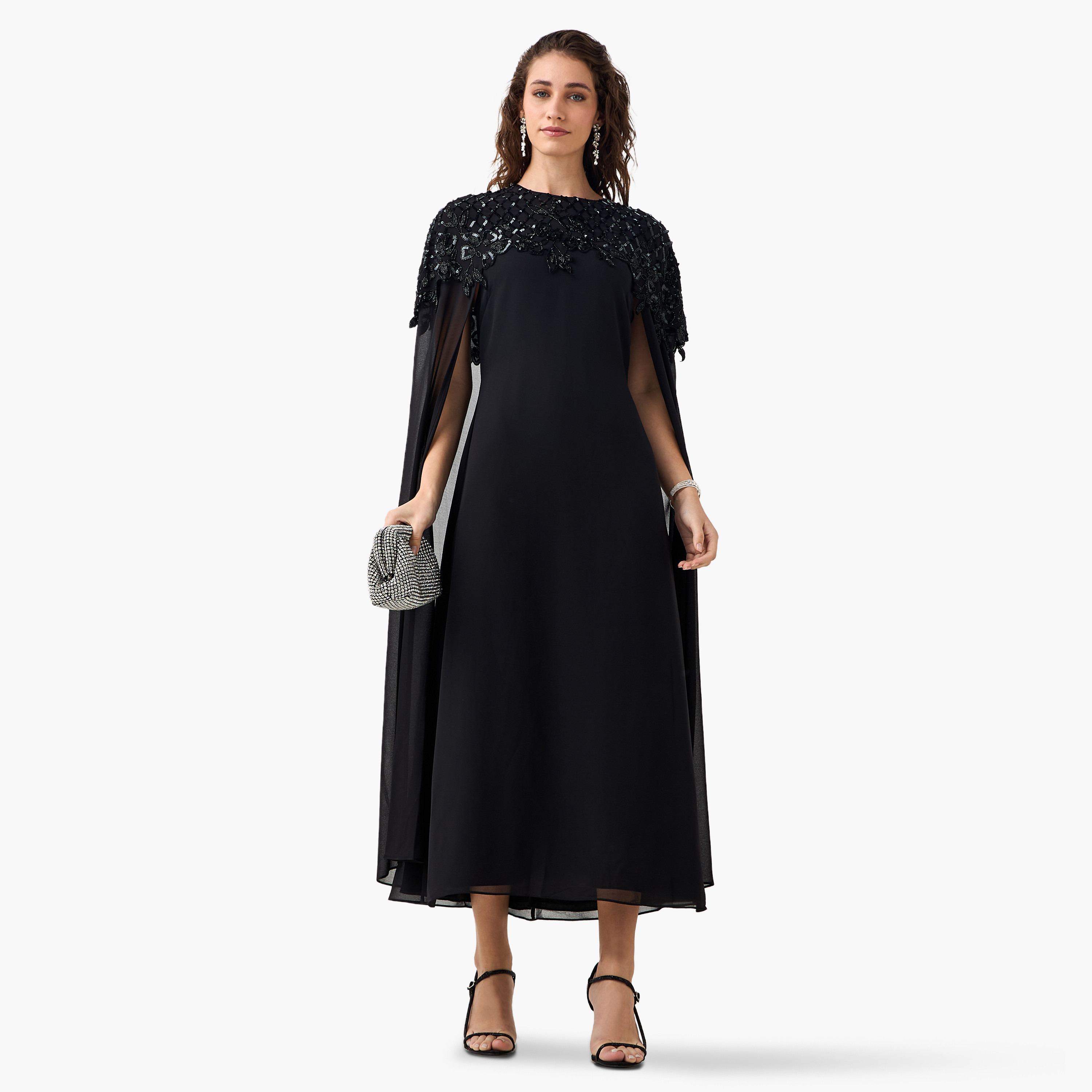 Cape Maxi Party Dress with Floral Sequin Embellishment-women-clothing-dresses-image-4