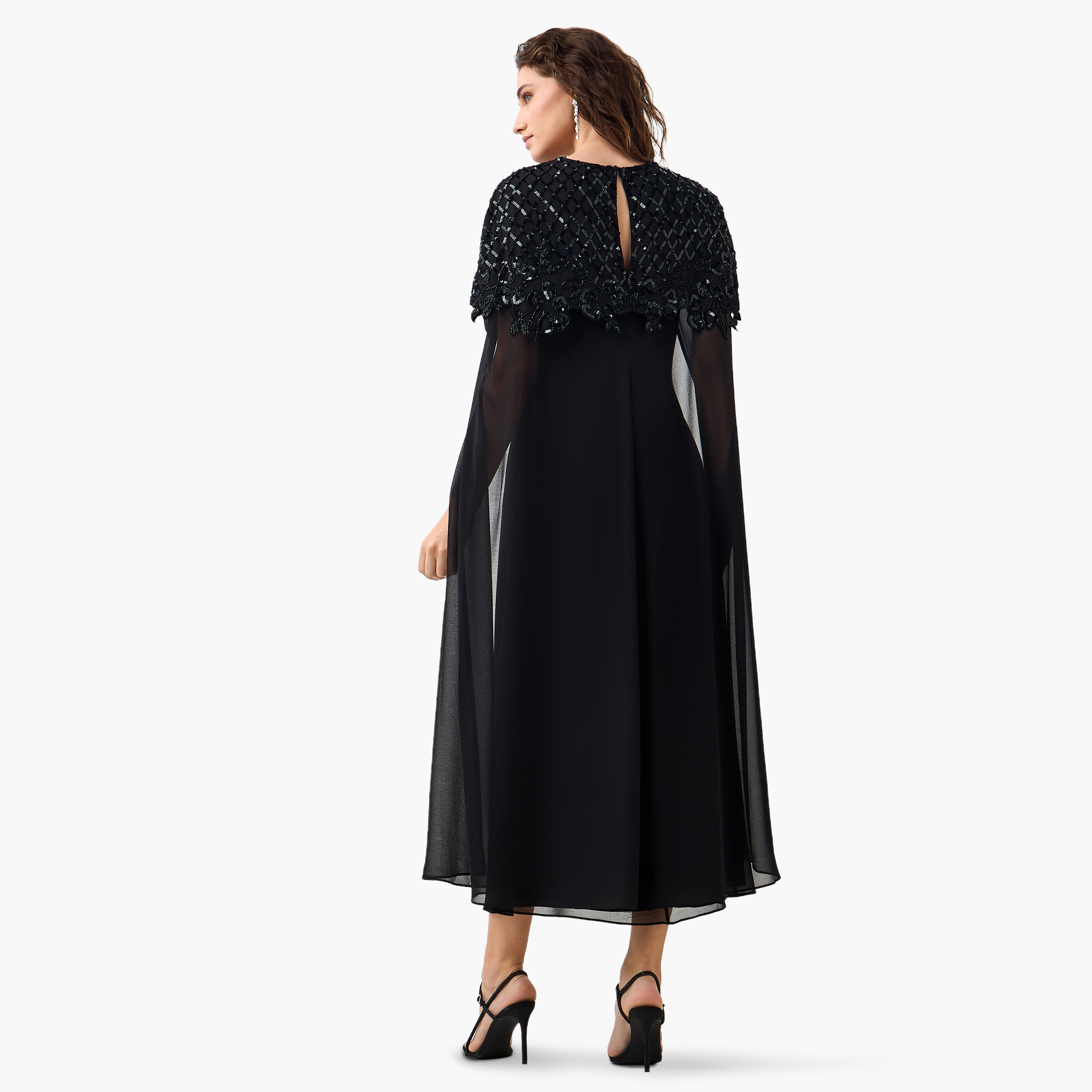 Cape Maxi Party Dress with Floral Sequin Embellishment-women-clothing-dresses-image-5