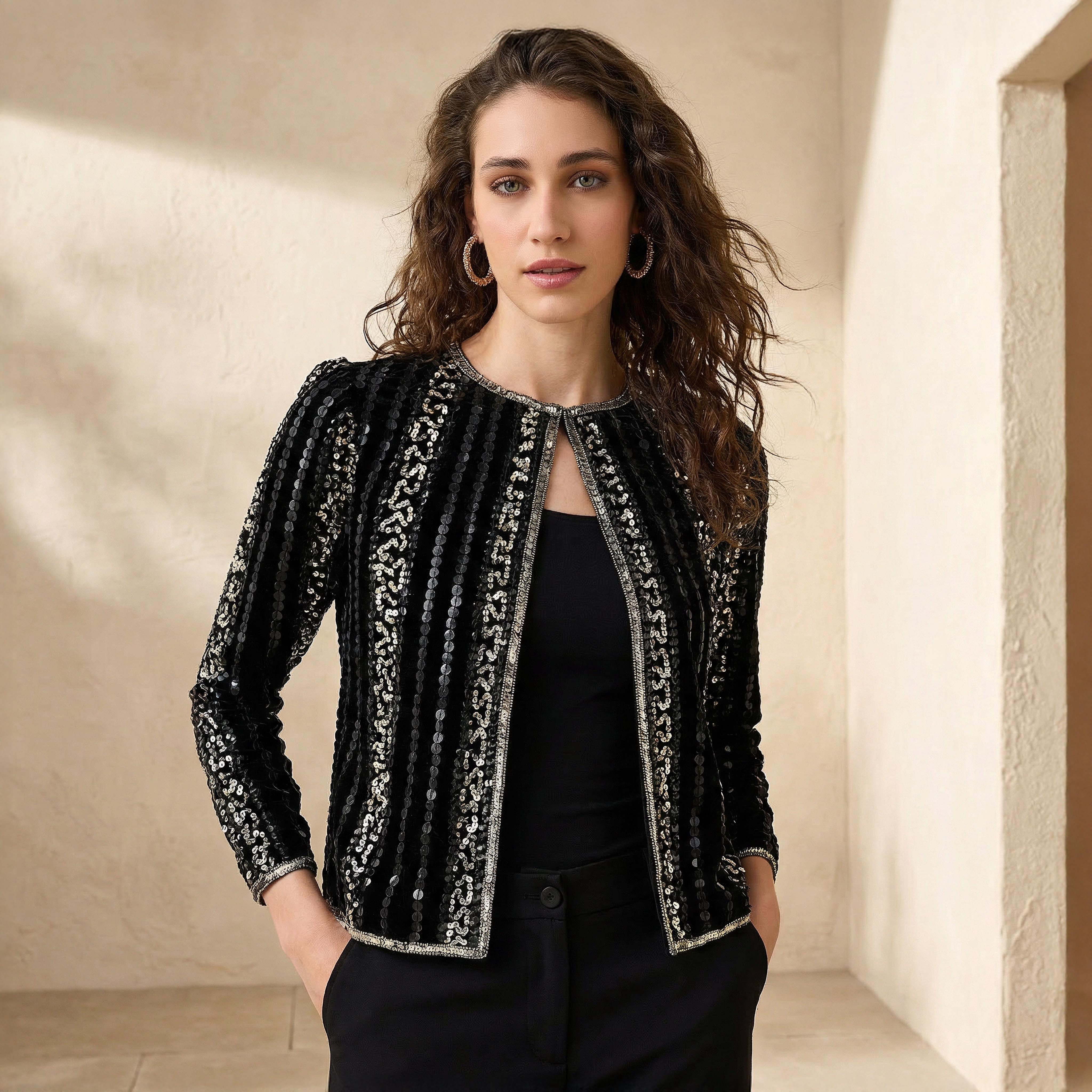 Open Front Jacket with Sequin Embellishments-women-winterwear-coatsandjackets-jackets-image-1