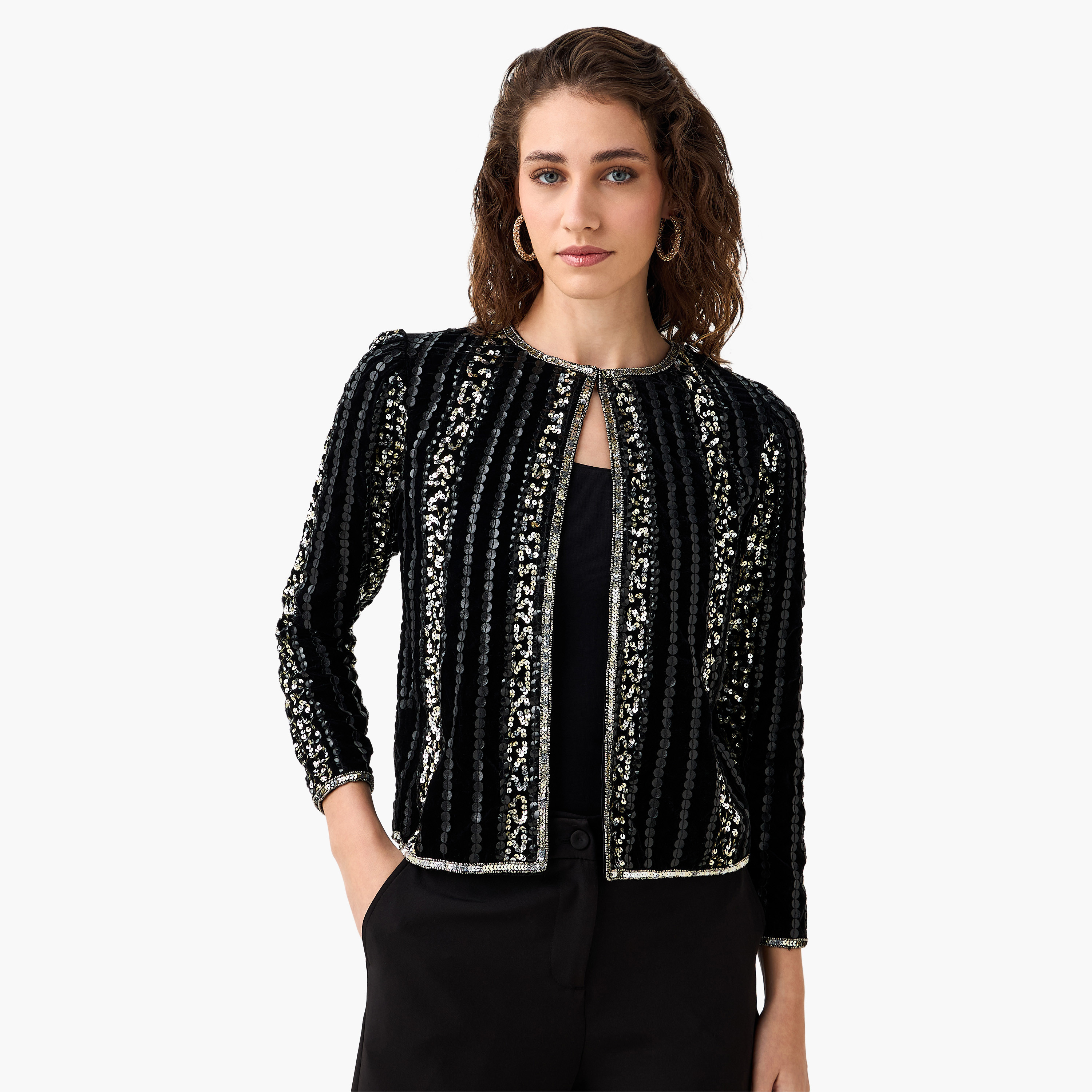 Open Front Jacket with Sequin Embellishments-women-winterwear-coatsandjackets-jackets-image-4