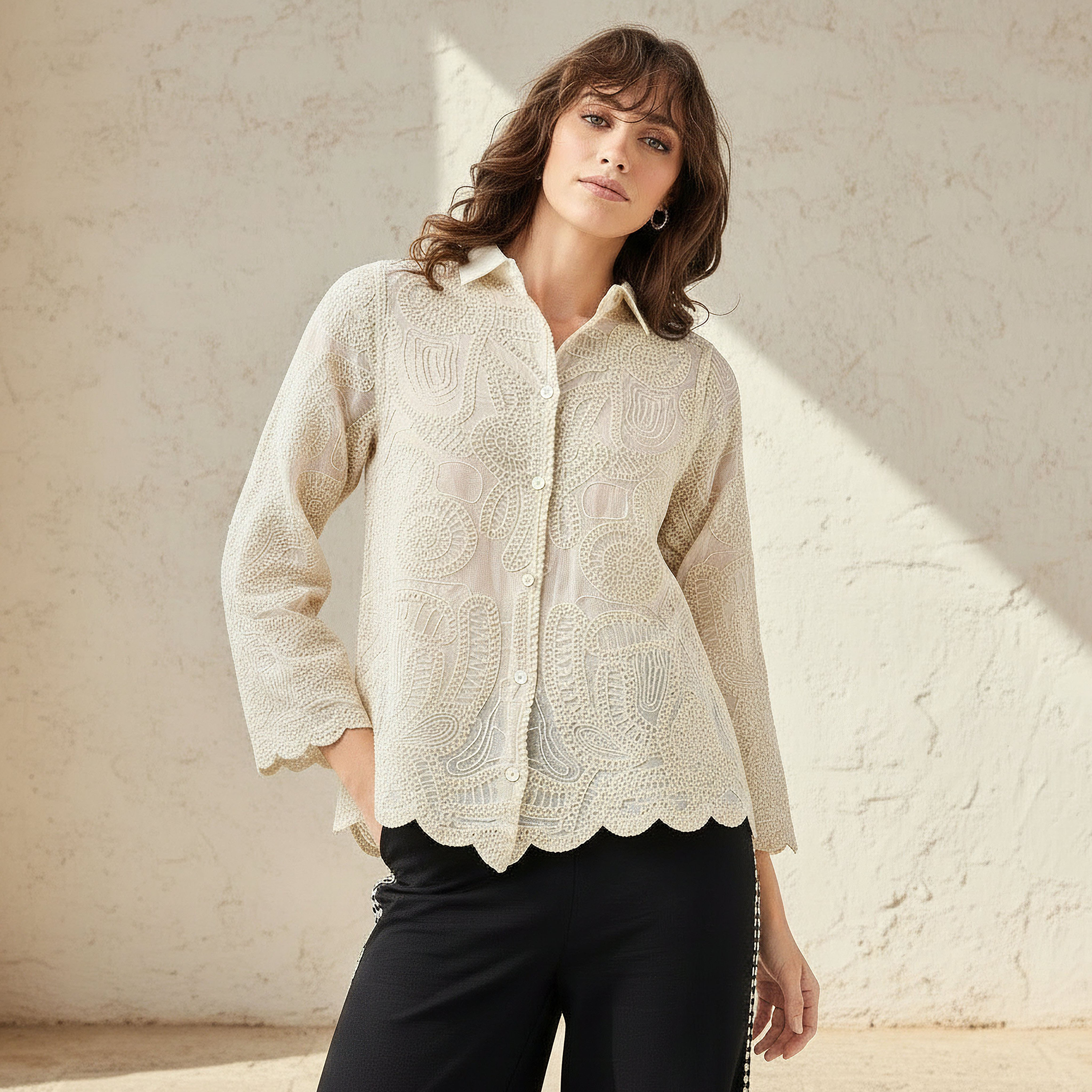 Crochet Shirt with Scalloped Hem-women-clothing-shirtsandblouses-shirts-image-1