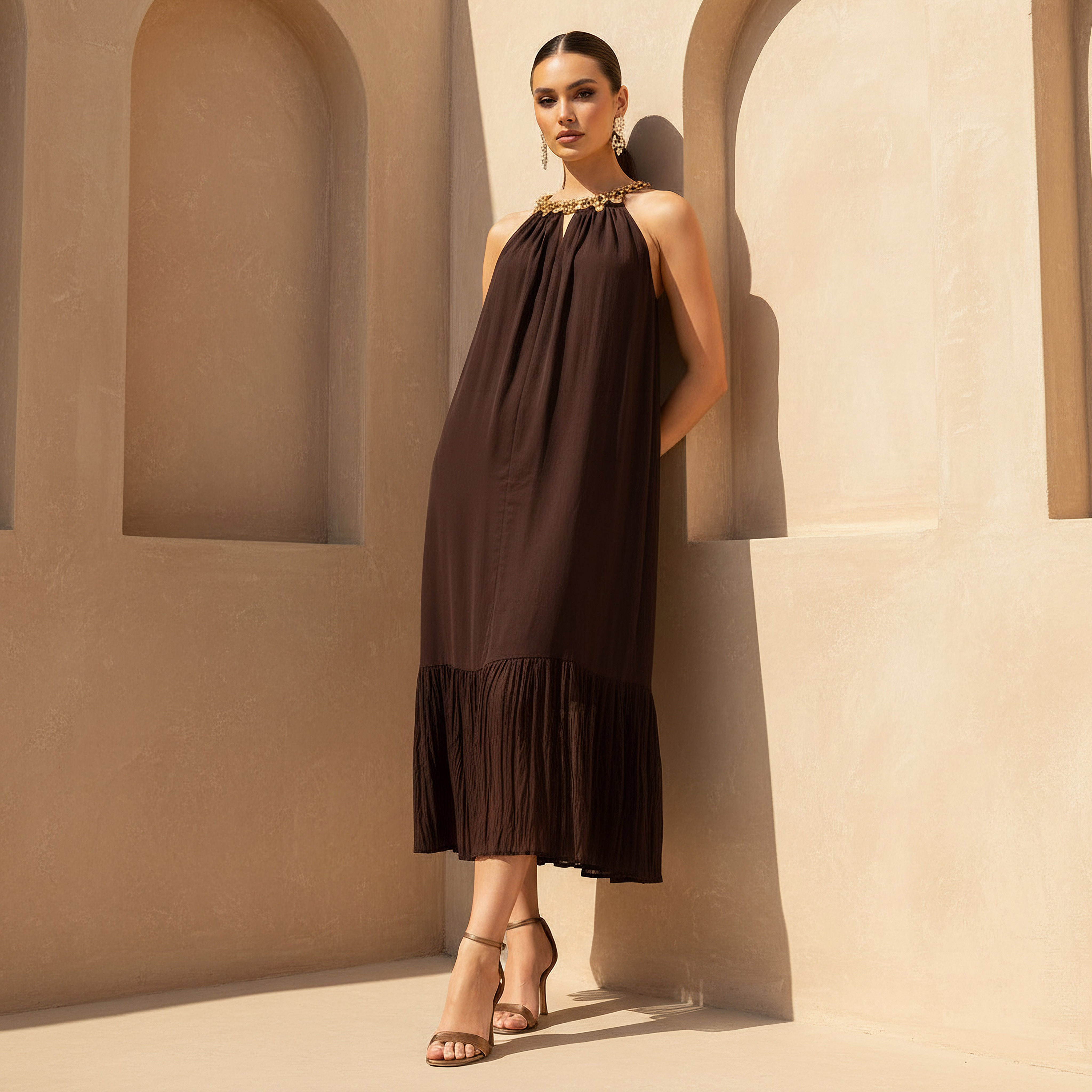Pleated Trapeze Midi Dress with Halter Neck Chain Detail-women-clothing-dresses-image-1