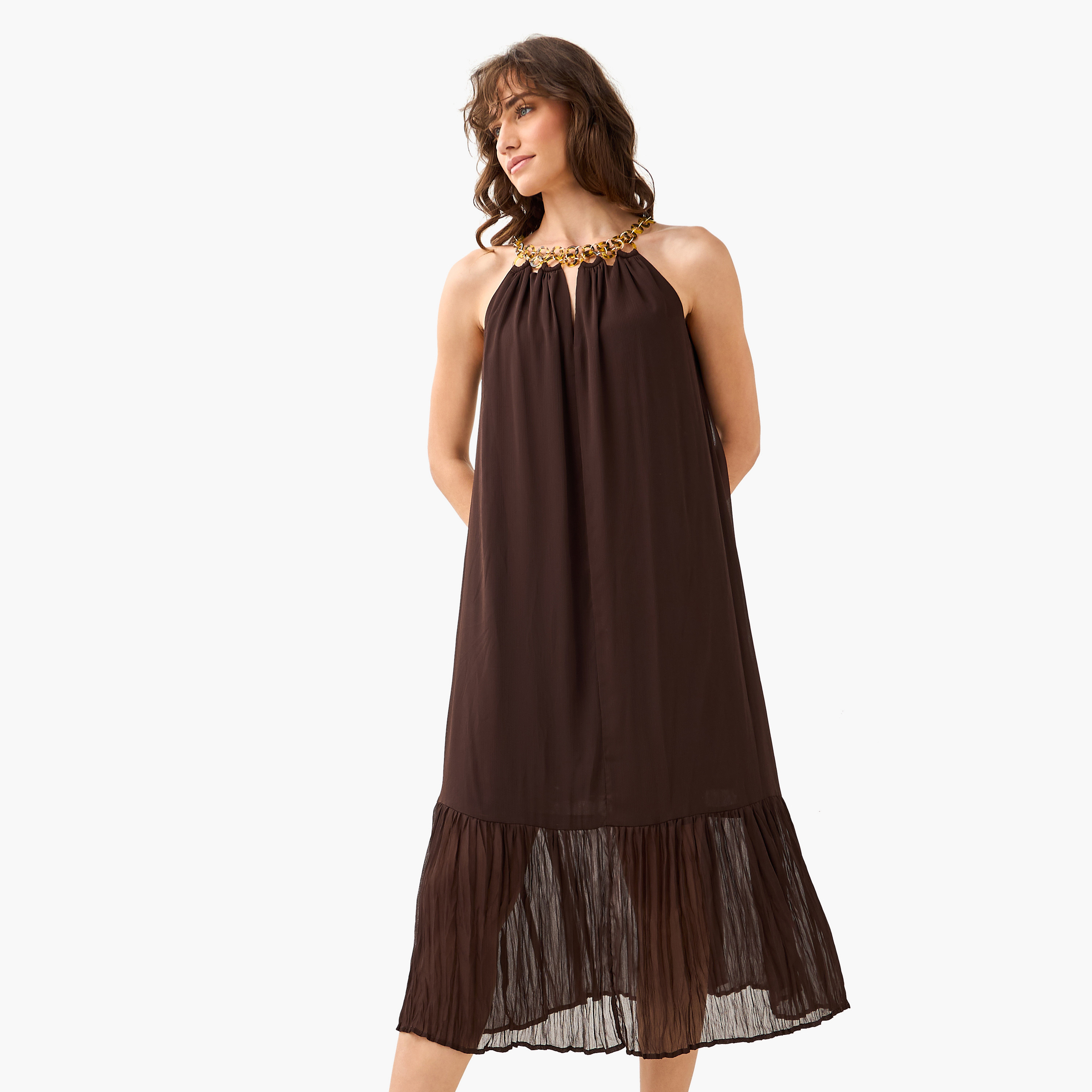 Pleated Trapeze Midi Dress with Halter Neck Chain Detail-women-clothing-dresses-image-2