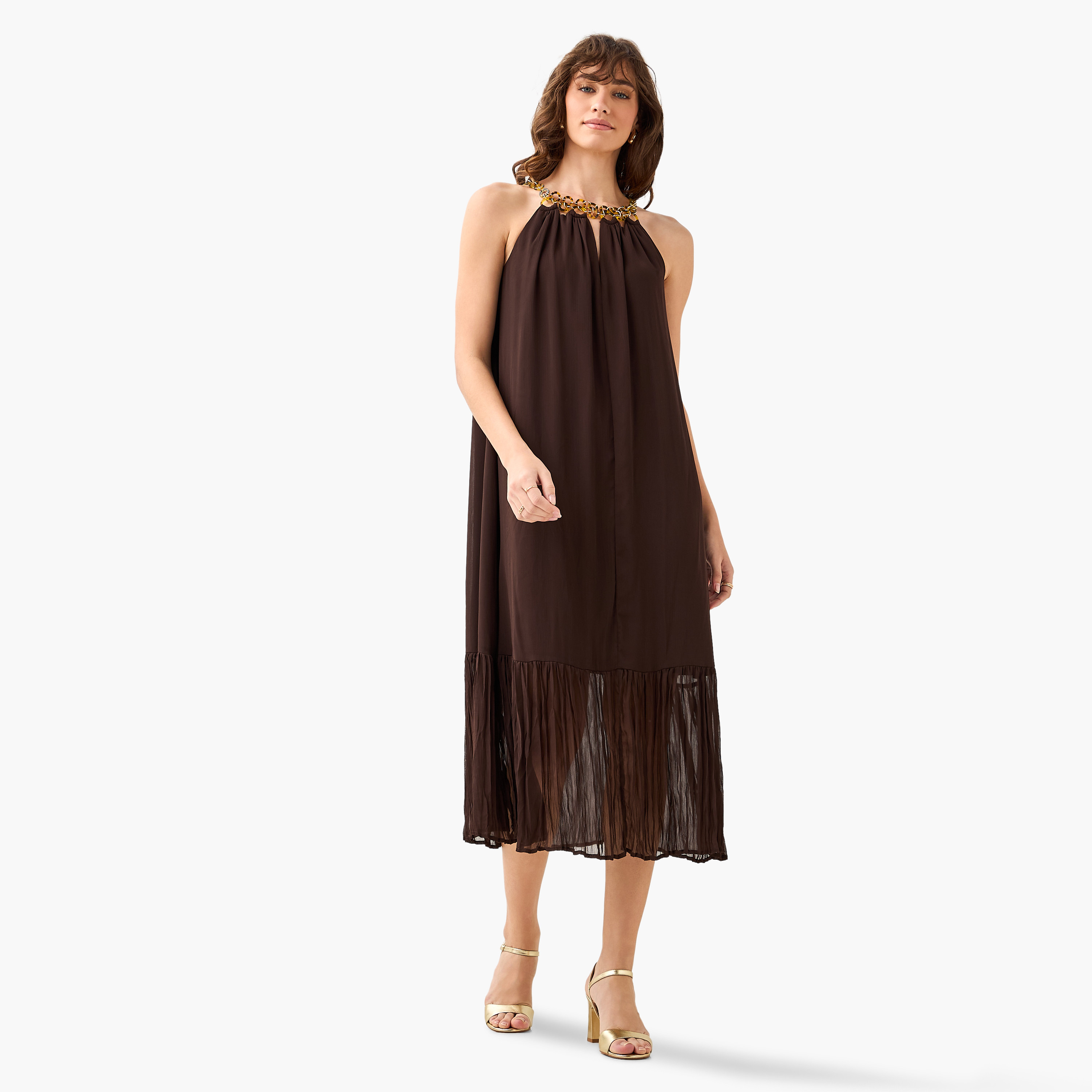 Pleated Trapeze Midi Dress with Halter Neck Chain Detail-women-clothing-dresses-image-3