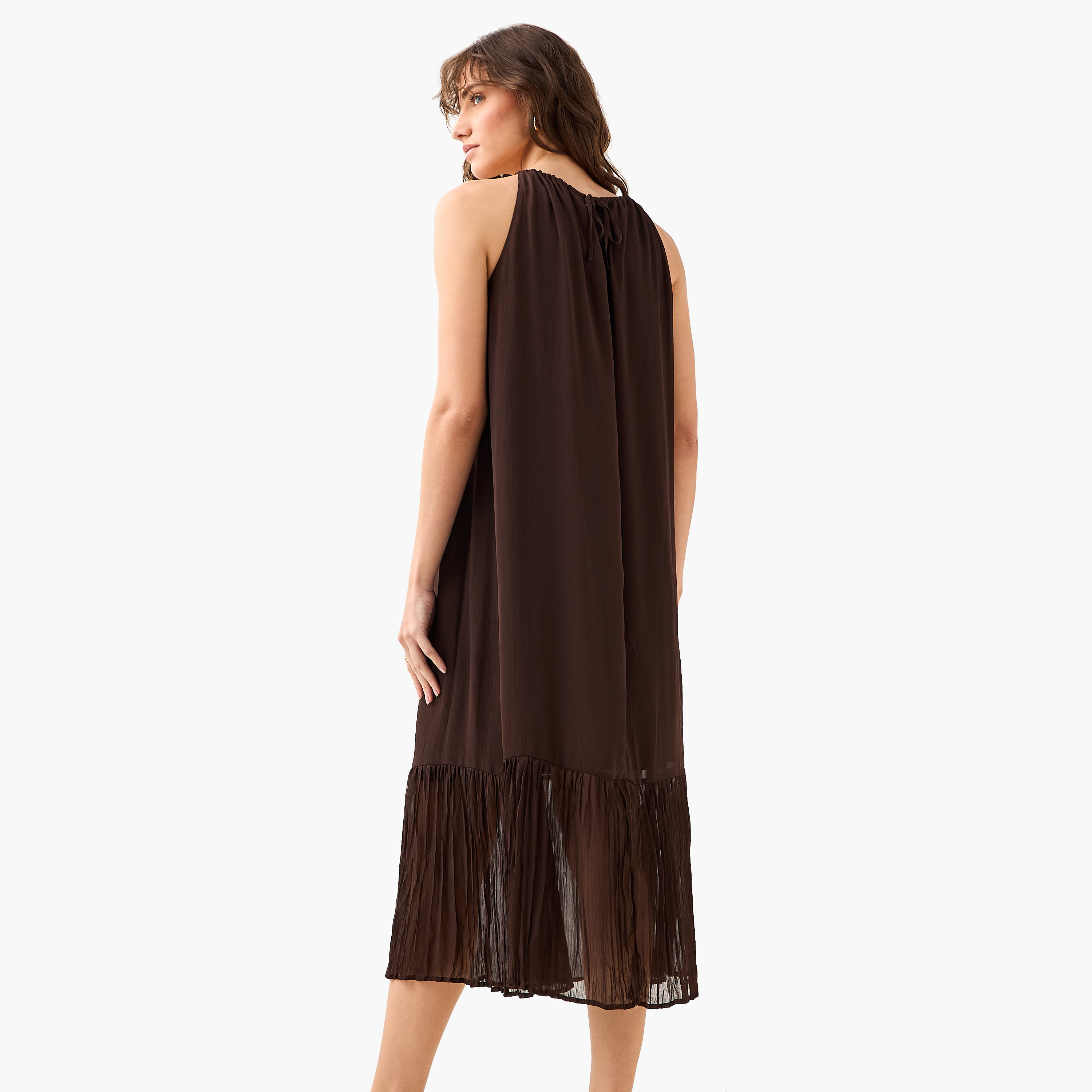 Pleated Trapeze Midi Dress with Halter Neck Chain Detail-women-clothing-dresses-image-4