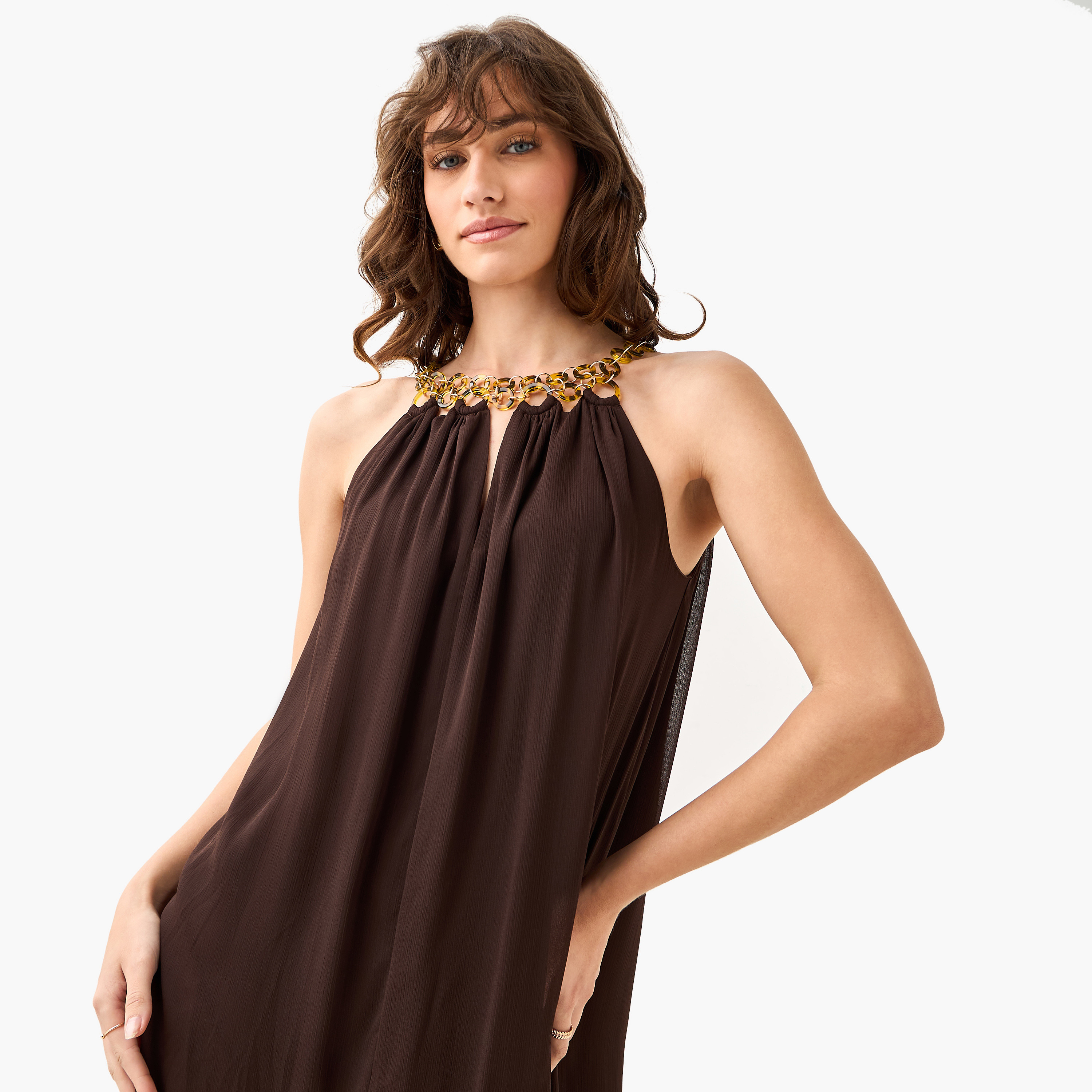 Pleated Trapeze Midi Dress with Halter Neck Chain Detail-women-clothing-dresses-image-5