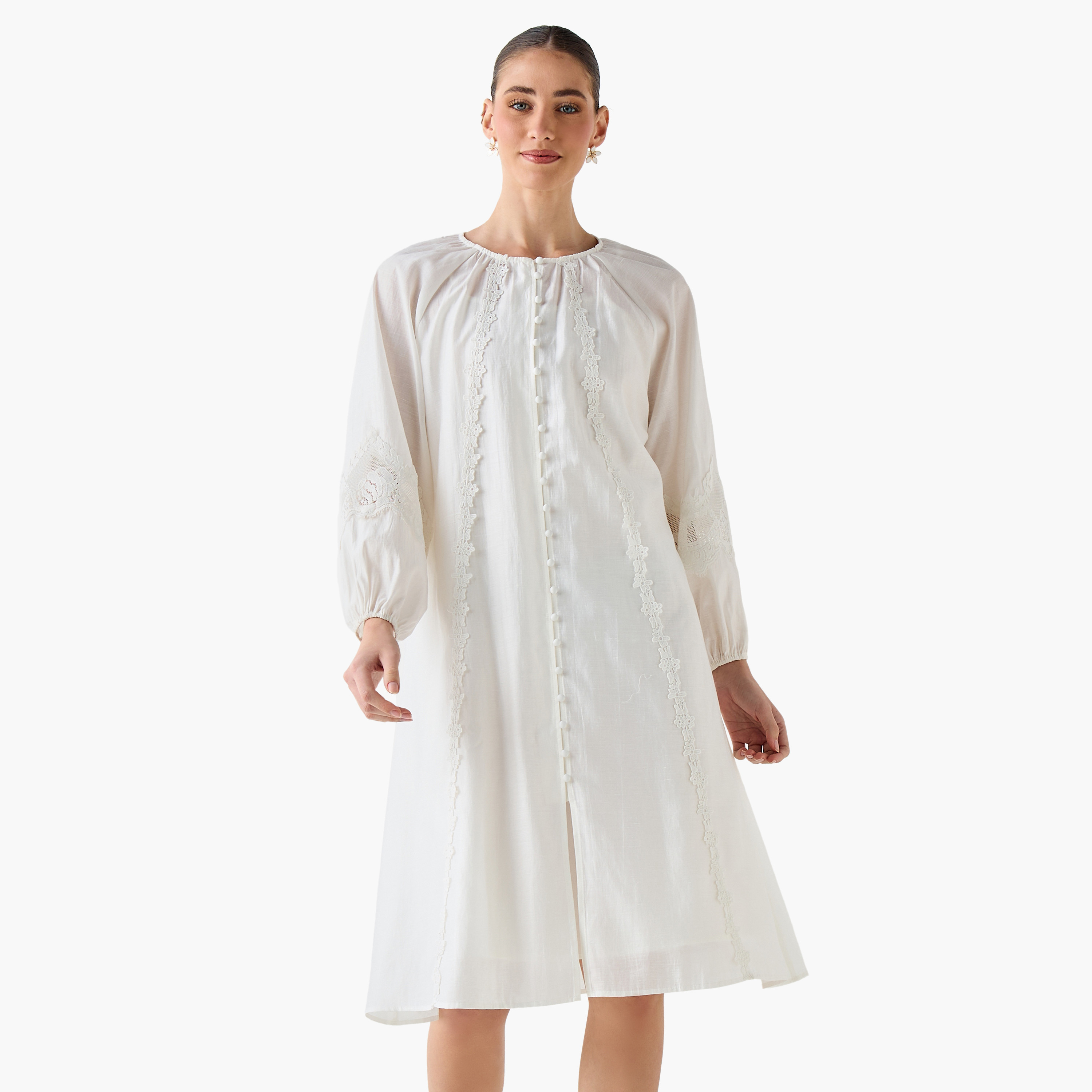 Lace Trim A-line Women Dress with Volume Sleeves-women-clothing-dresses-image-5