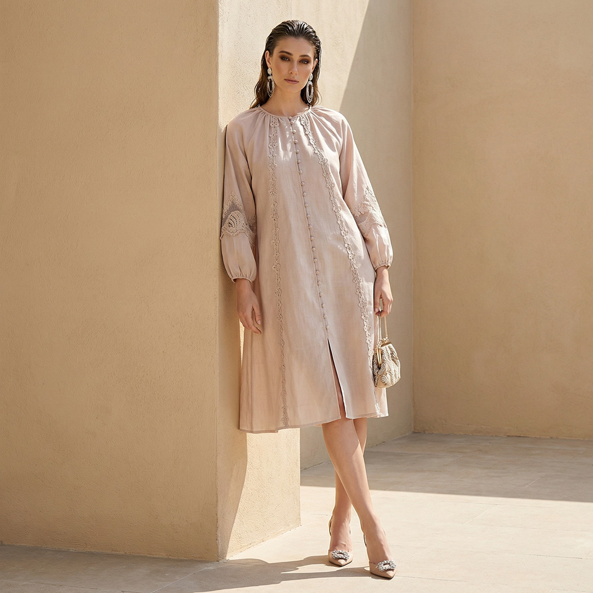 Lace Trim A-line Women Dress with Volume Sleeves-women-clothing-dresses-image-1