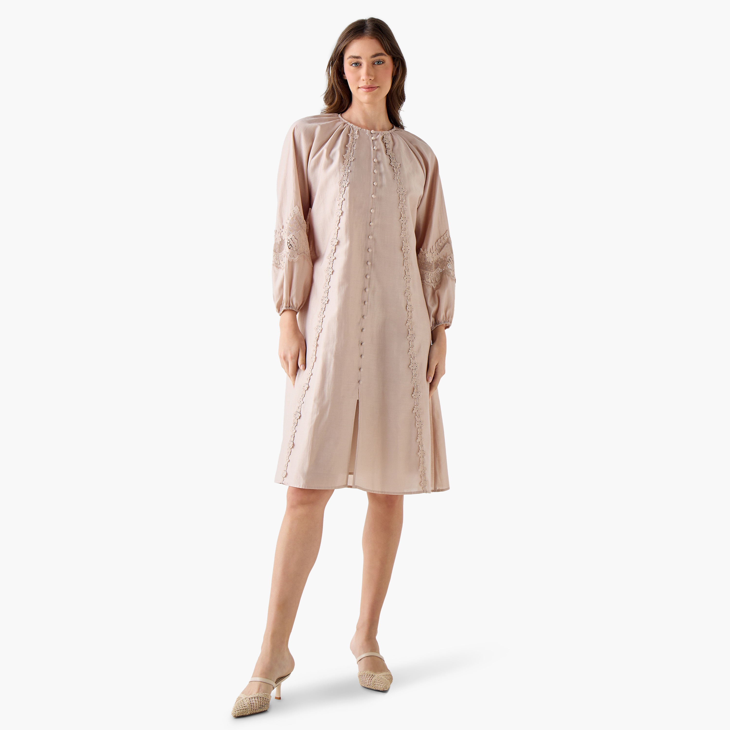 Lace Trim A-line Women Dress with Volume Sleeves-women-clothing-dresses-image-3