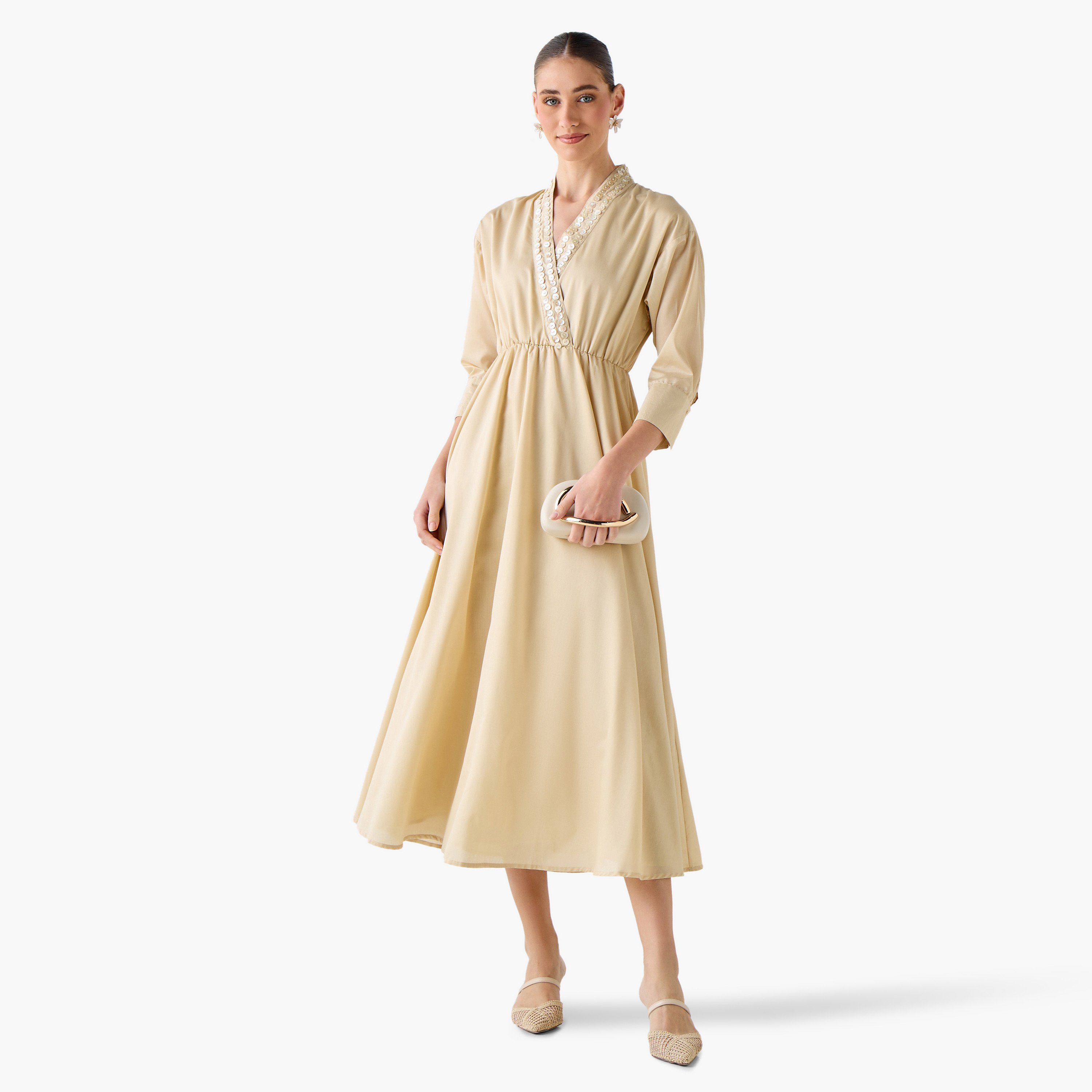 Embellished A-line Women Dress with V-neck-women-clothing-dresses-image-4