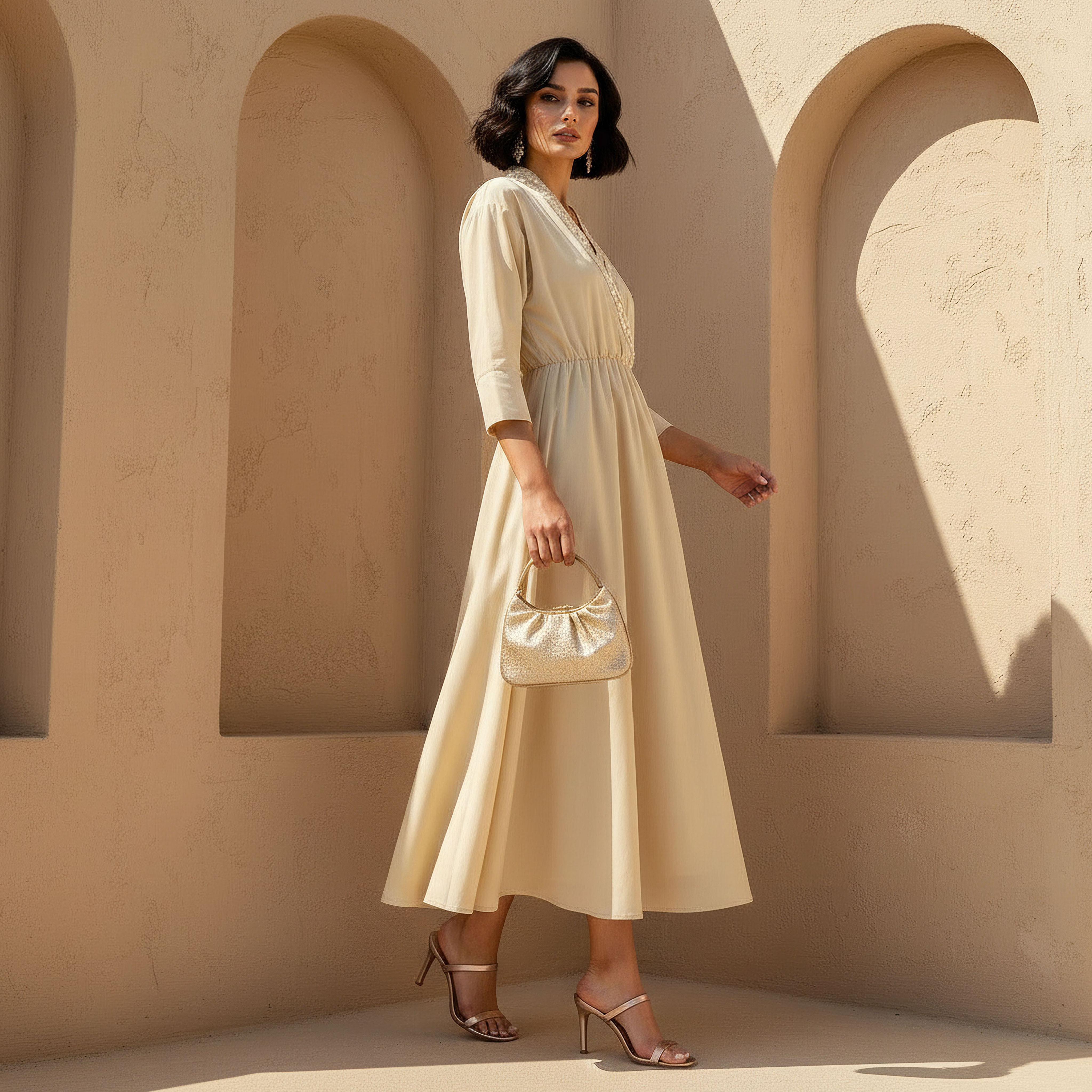 Embellished A-line Women Dress with V-neck-women-clothing-dresses-image-3