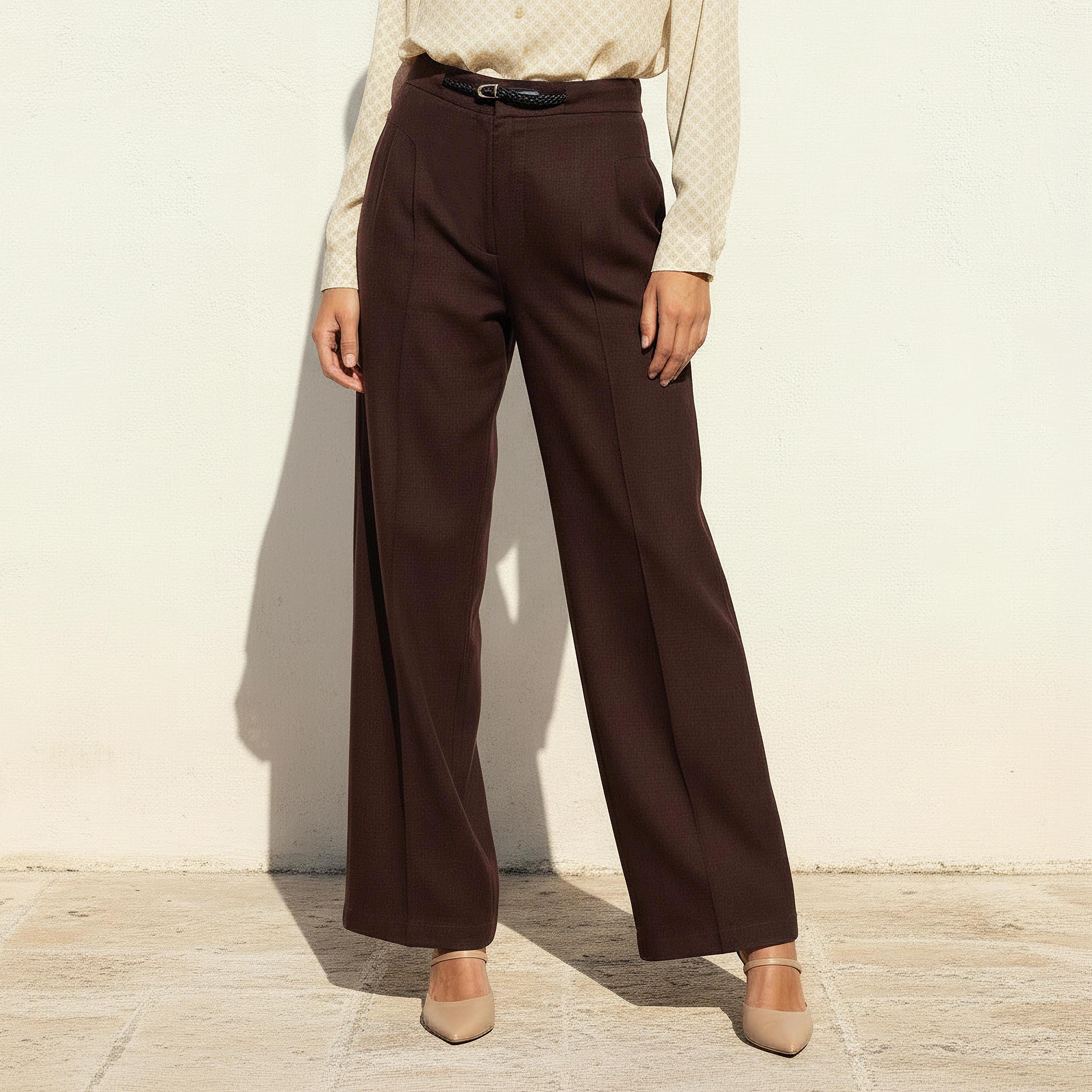 بنطلون رسمي من مزيج الكتان بقصة مستقيمة وحزام-women-clothing-bottoms-trousers-image-1