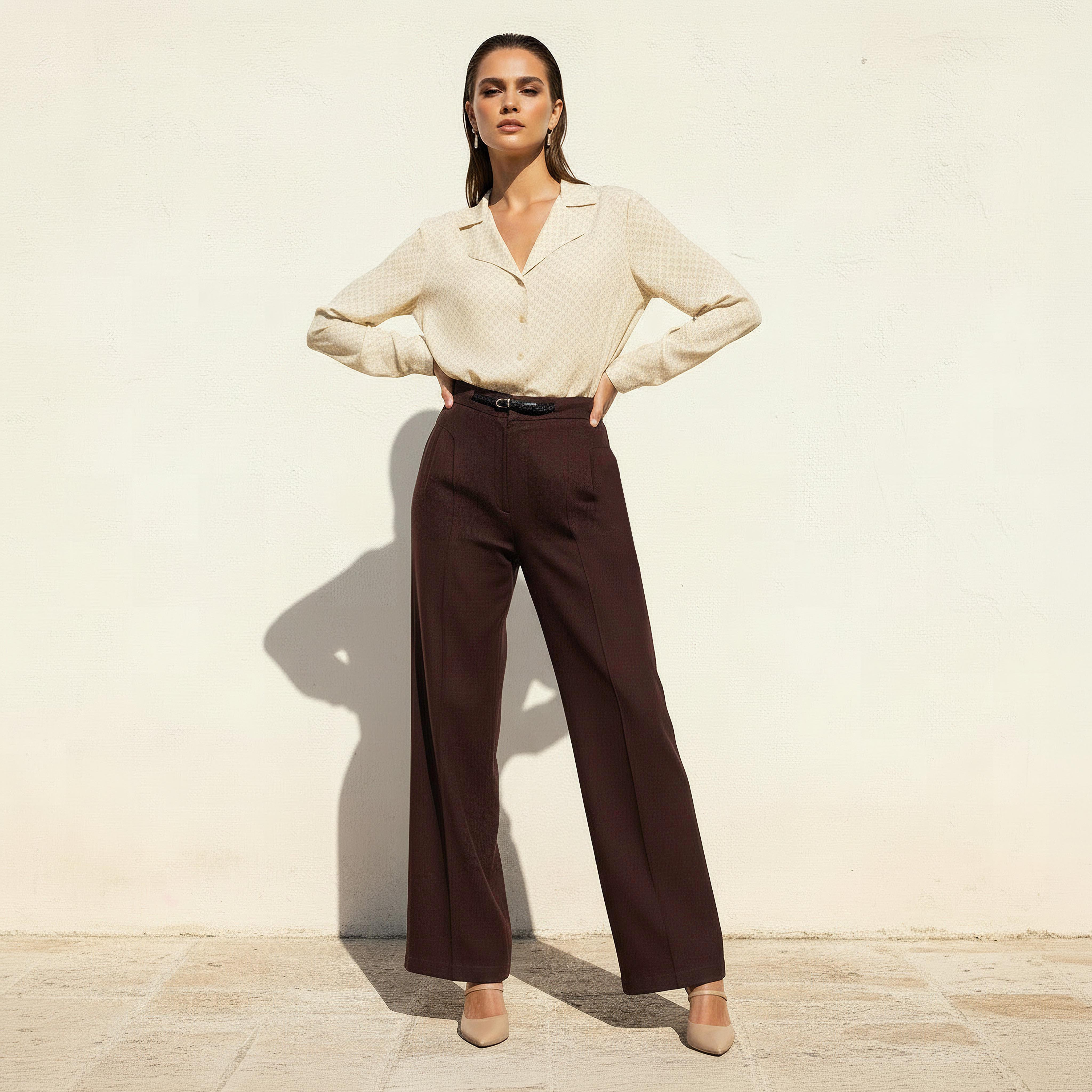 بنطلون رسمي من مزيج الكتان بقصة مستقيمة وحزام-women-clothing-bottoms-trousers-image-3