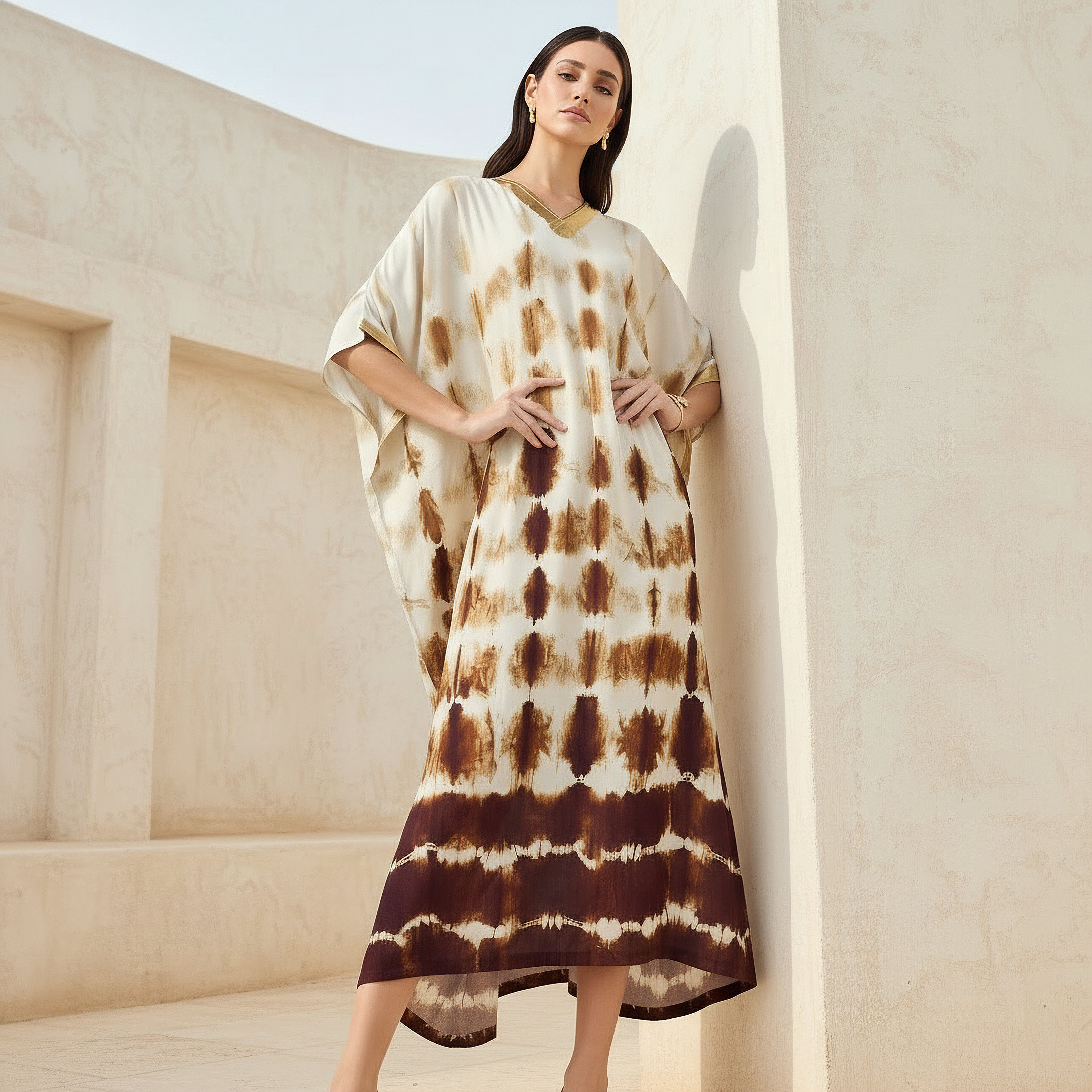 Tie-Dye Print Kaftan Women Dress with V-neck-women-clothing-dresses-image-1