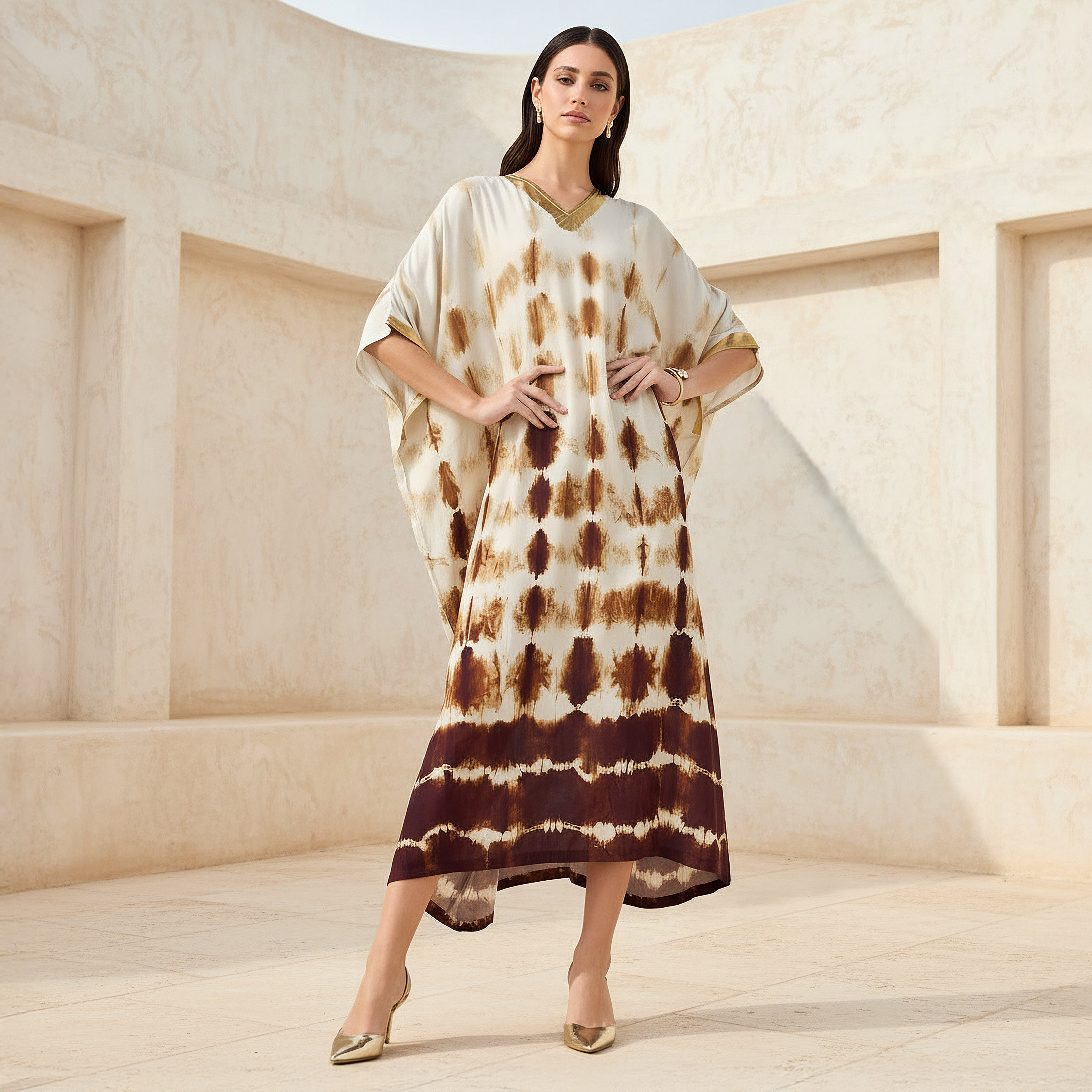 Tie-Dye Print Kaftan Women Dress with V-neck-women-clothing-dresses-image-2