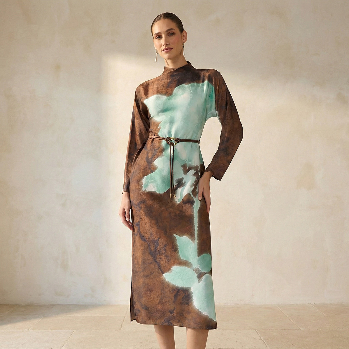 Printed Midi Women Dress with High Neck-women-clothing-dresses-image-1