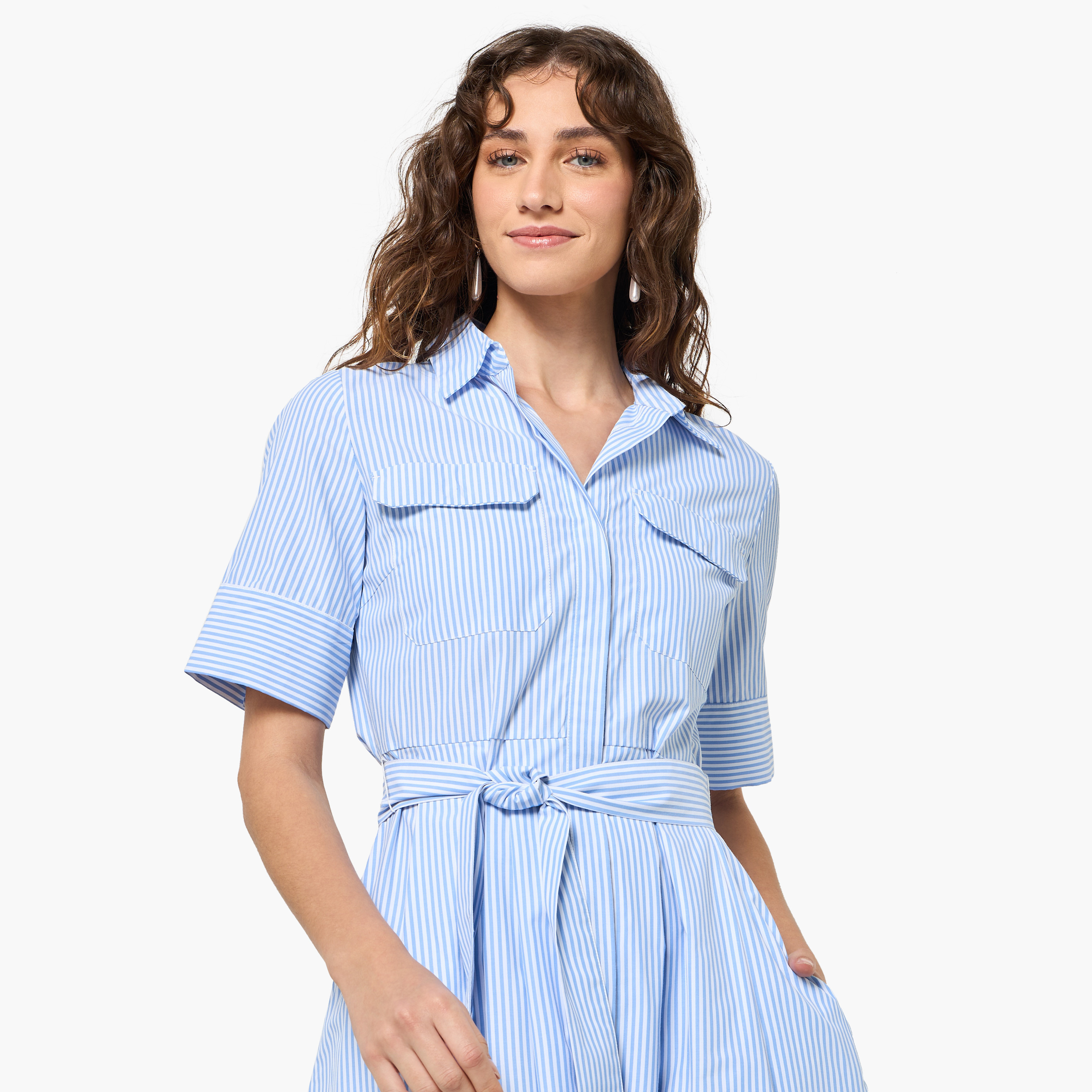 Striped Shirt Style Women Dress with Pockets-women-clothing-dresses-image-5